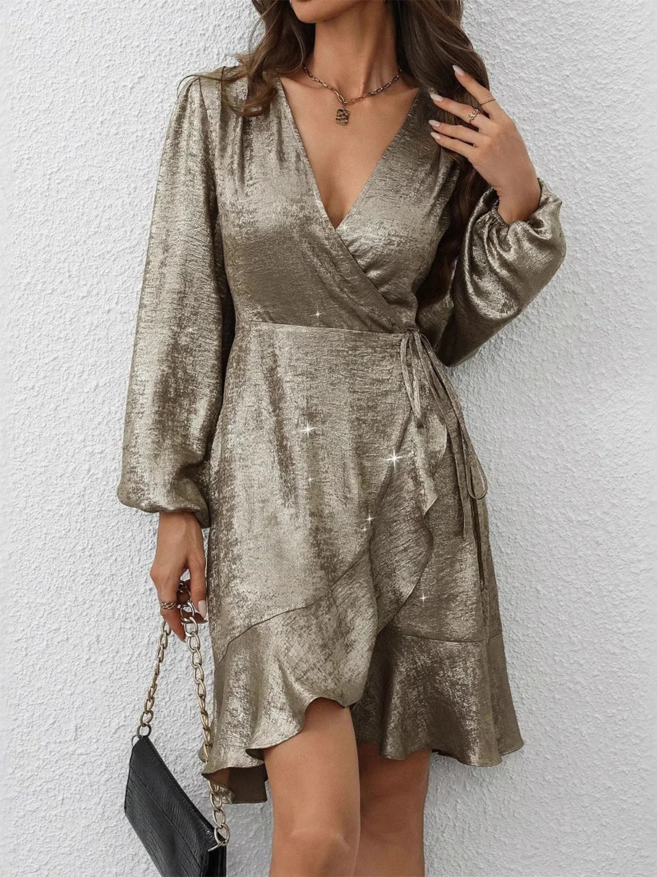 Ruffled Hem Surplice Long Sleeve Dress - MAD RUFFI