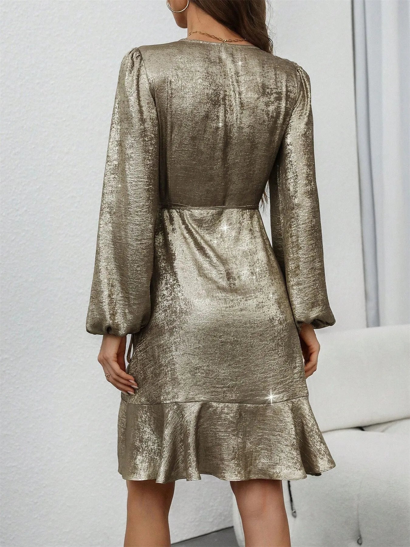 Ruffled Hem Surplice Long Sleeve Dress - MAD RUFFI