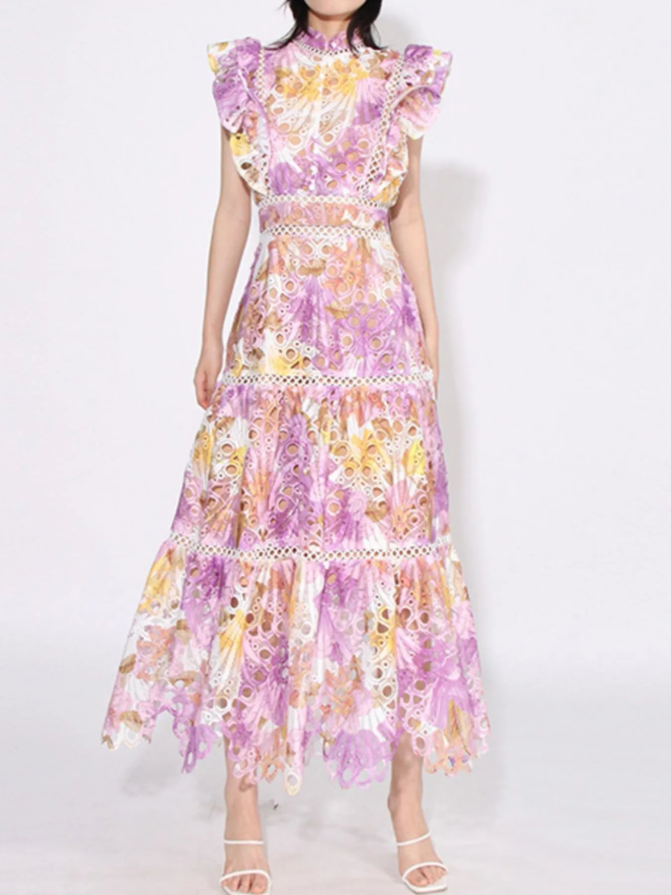 Ruffled Hollow Out Tiered Midi Dress - MAD RUFFI