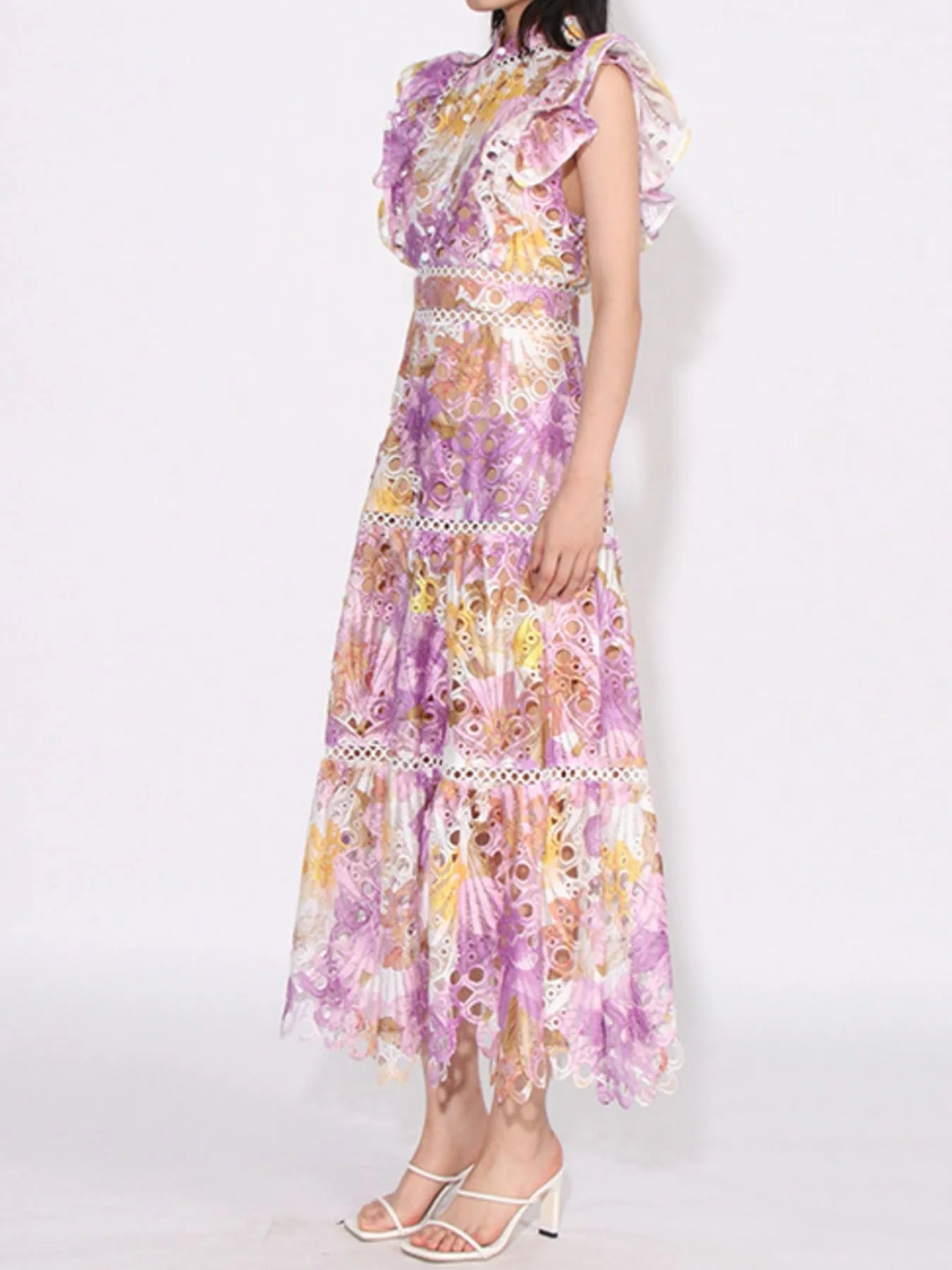 Ruffled Hollow Out Tiered Midi Dress - MAD RUFFI