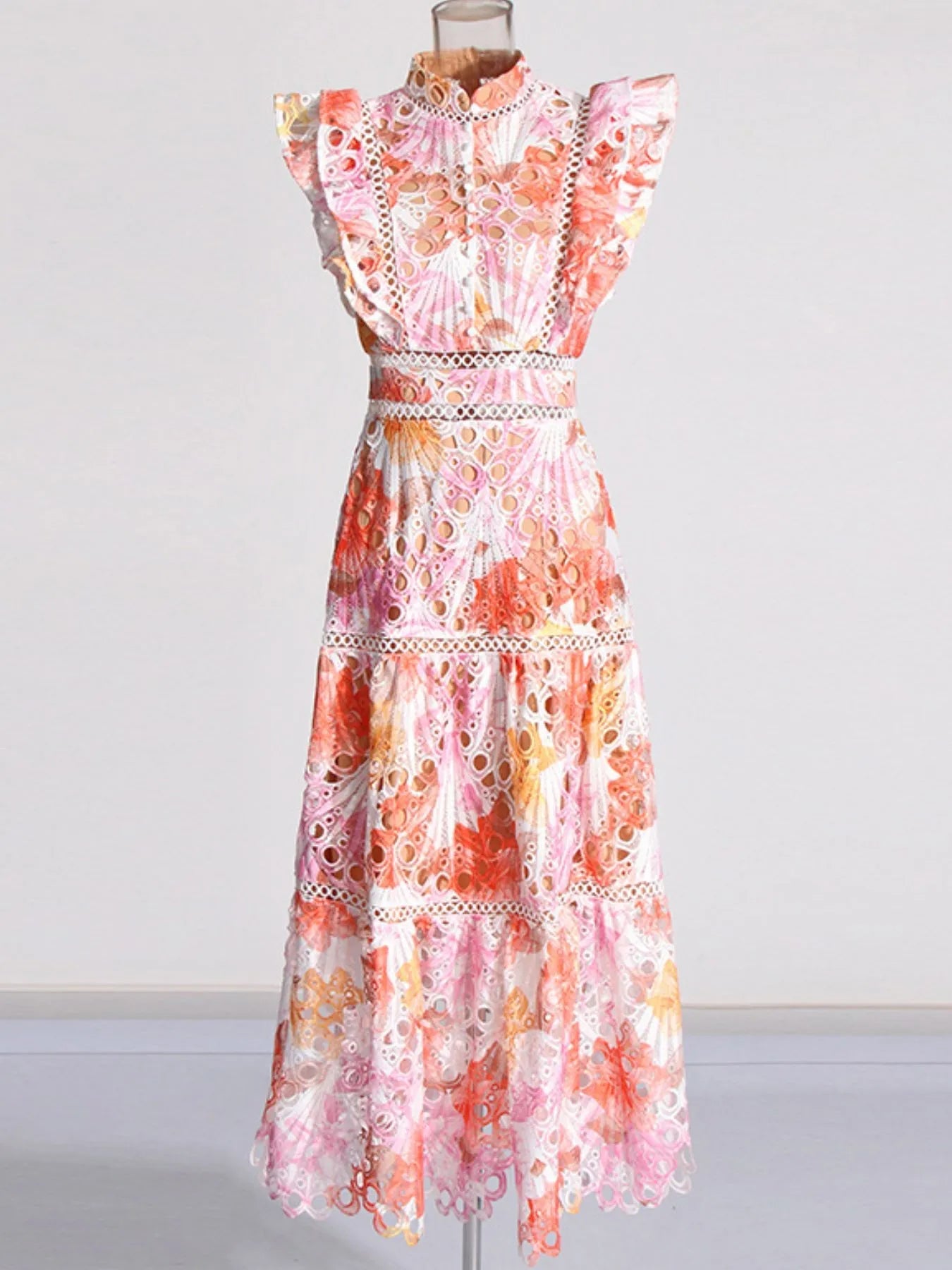 Ruffled Hollow Out Tiered Midi Dress - MAD RUFFI