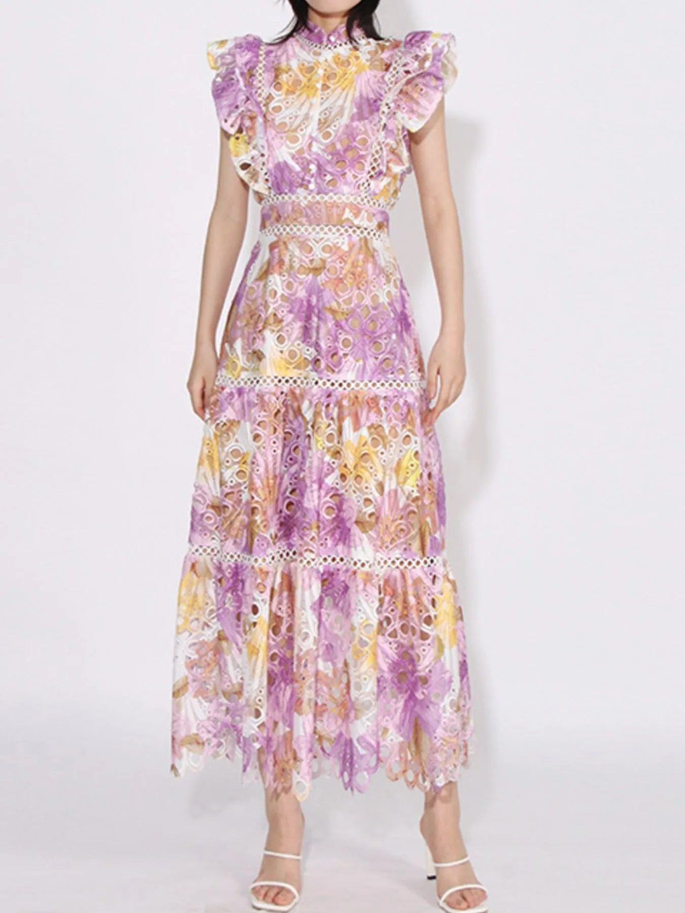 Ruffled Hollow Out Tiered Midi Dress - MAD RUFFI