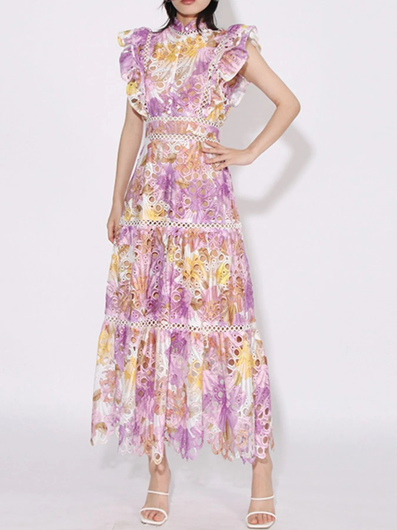 Ruffled Hollow Out Tiered Midi Dress - MAD RUFFI