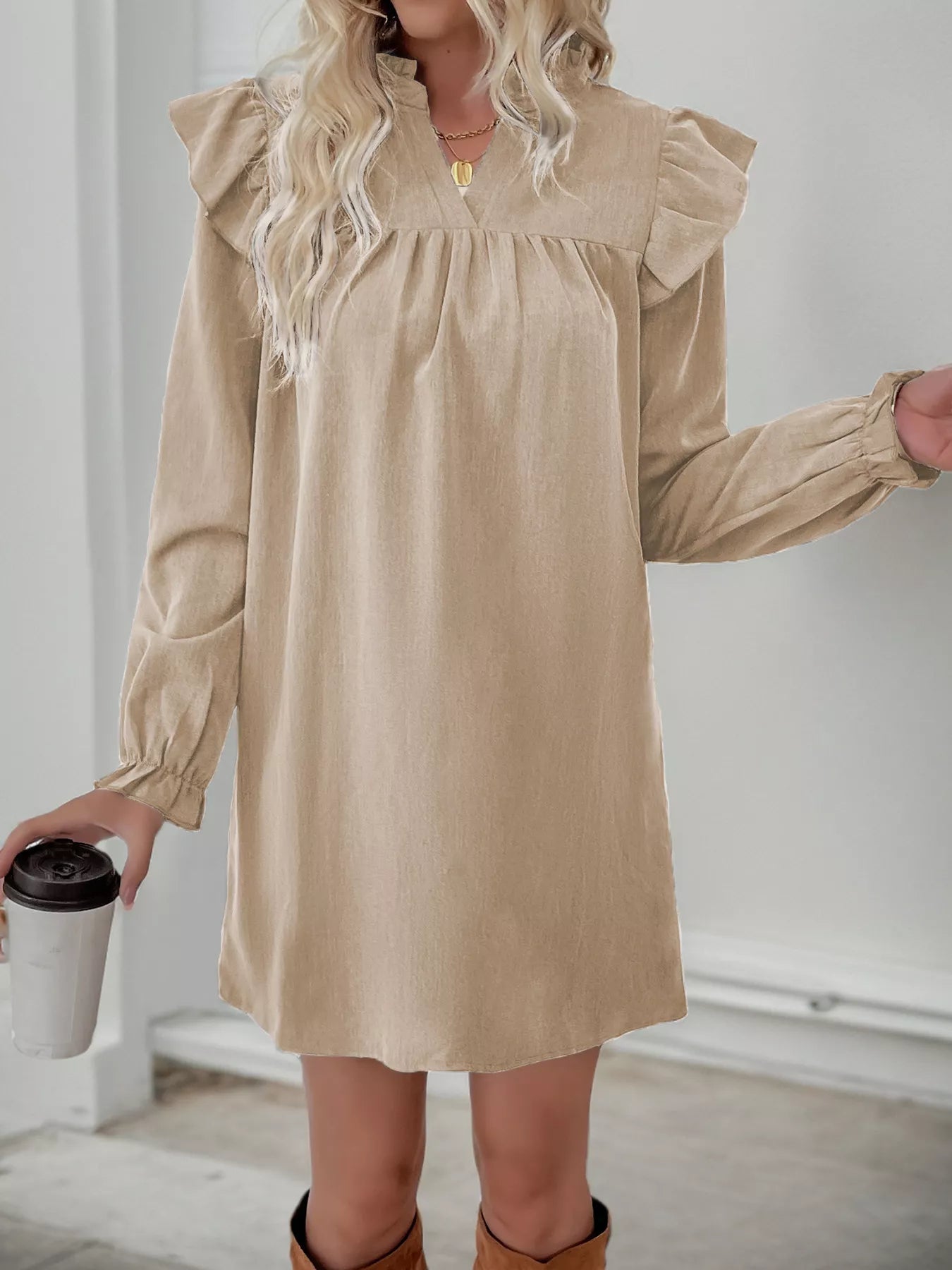 Ruffled Notched Flounce Sleeve Dress - MAD RUFFI