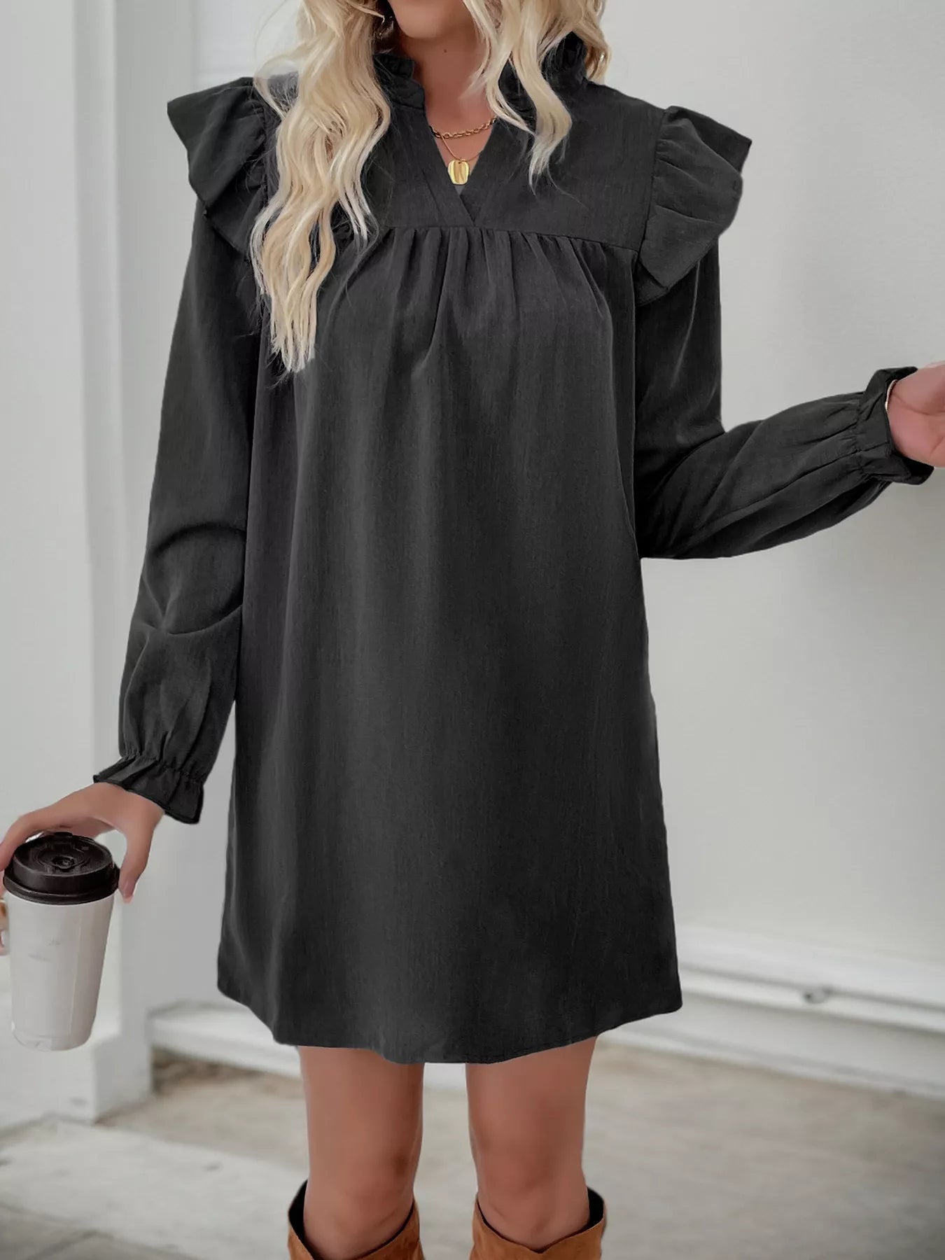 Ruffled Notched Flounce Sleeve Dress - MAD RUFFI