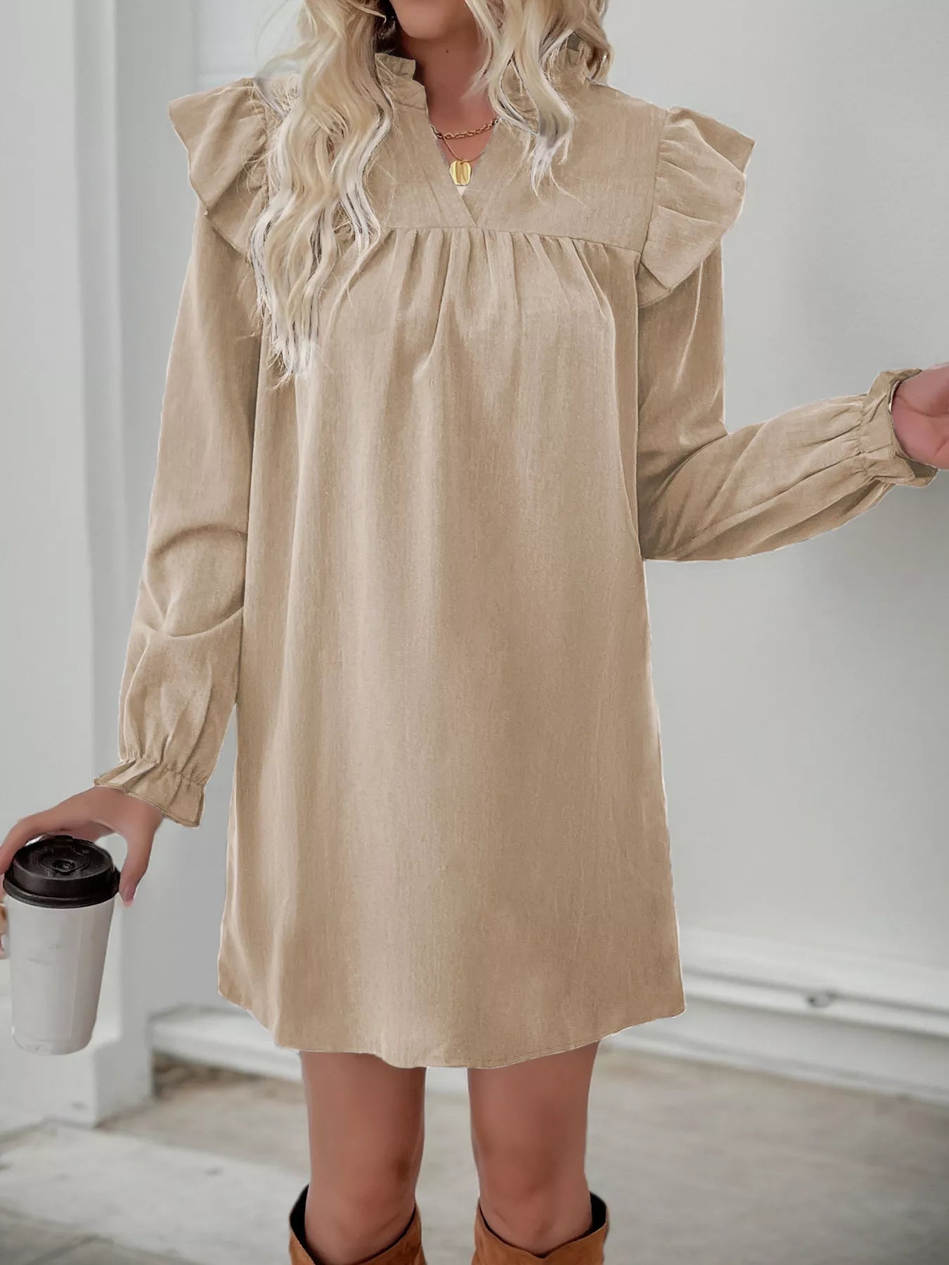 Ruffled Notched Long Sleeve Dress - MAD RUFFI