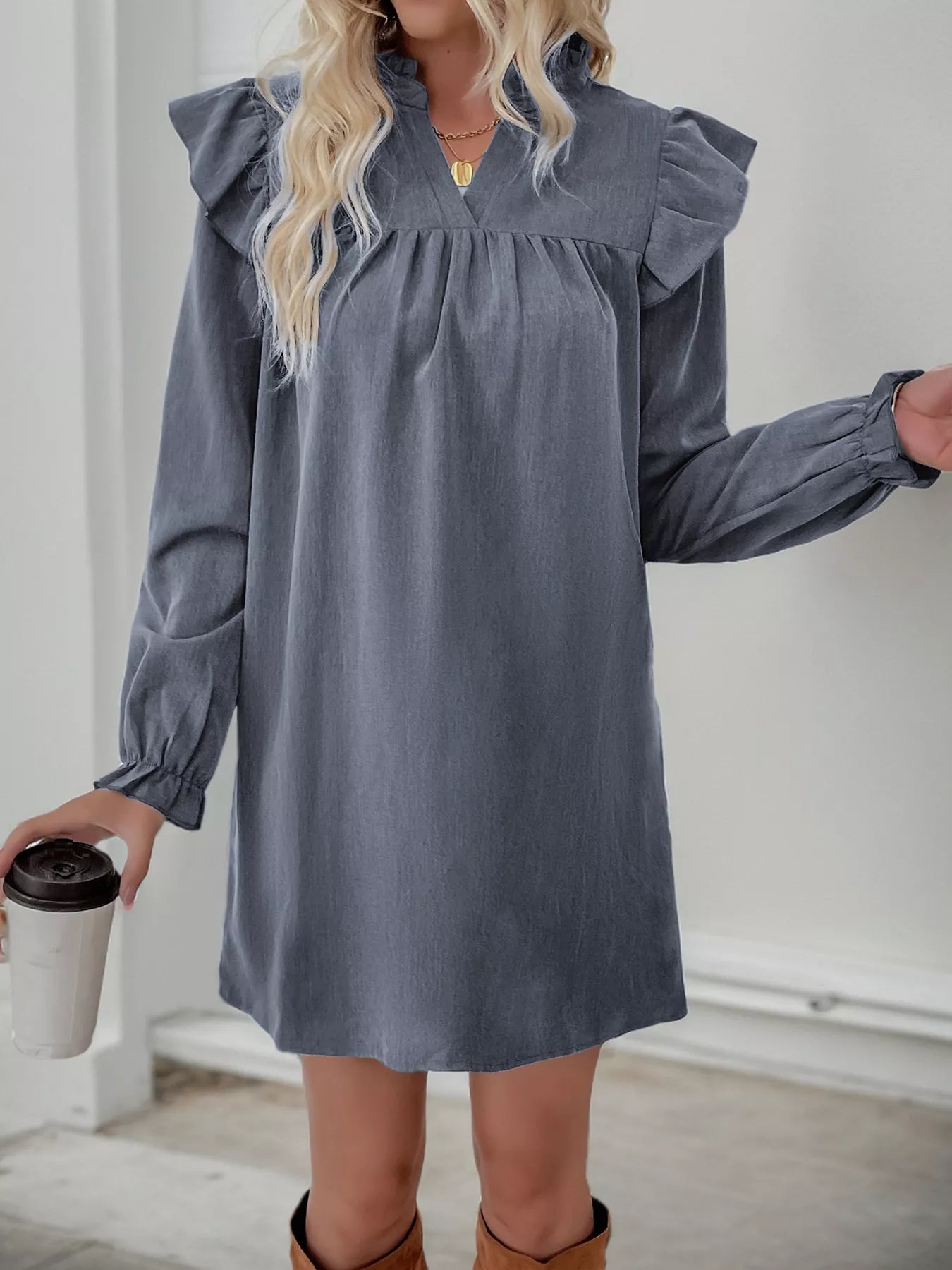 Ruffled Notched Long Sleeve Dress - MAD RUFFI