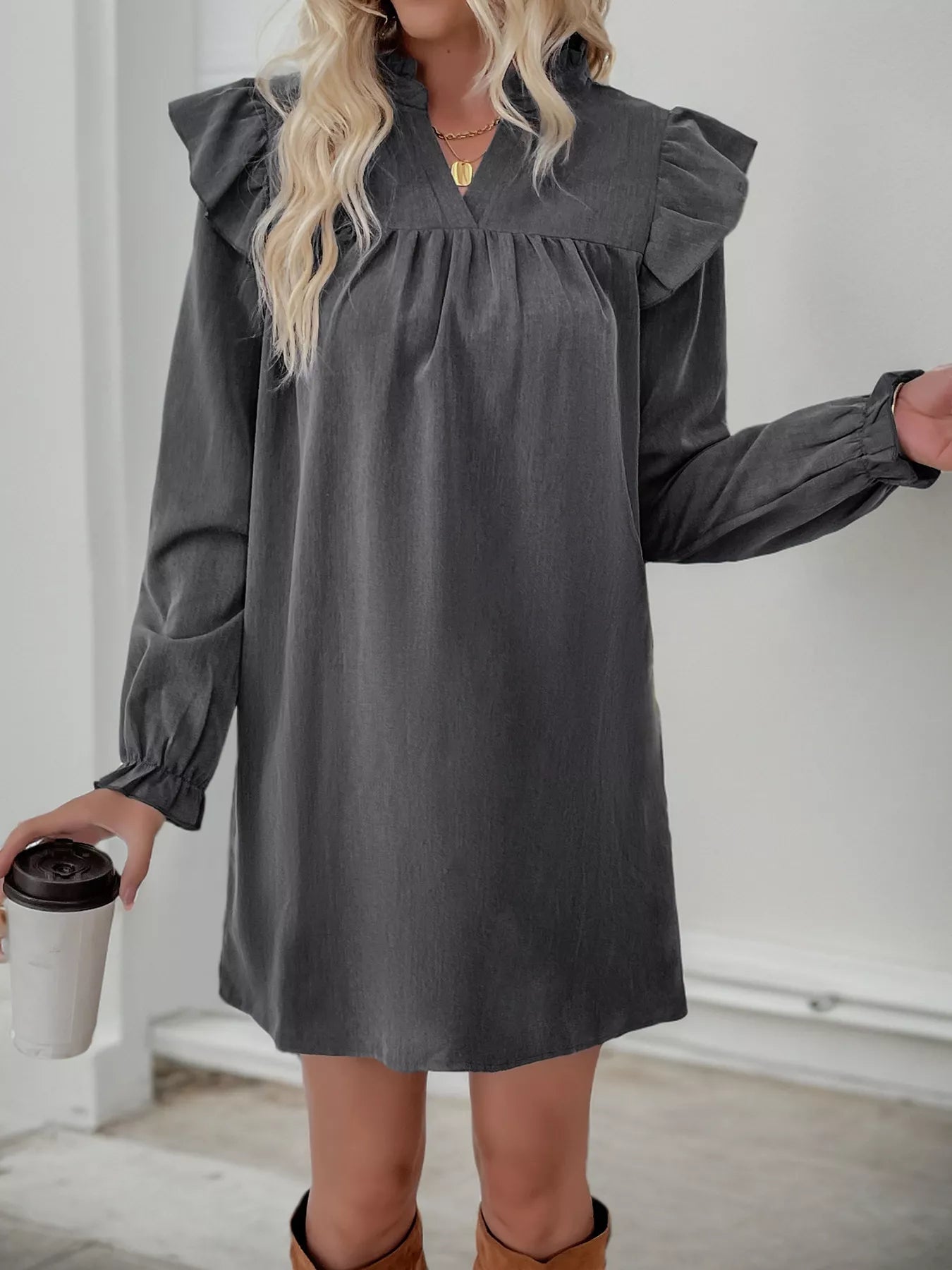 Ruffled Notched Long Sleeve Dress - MAD RUFFI