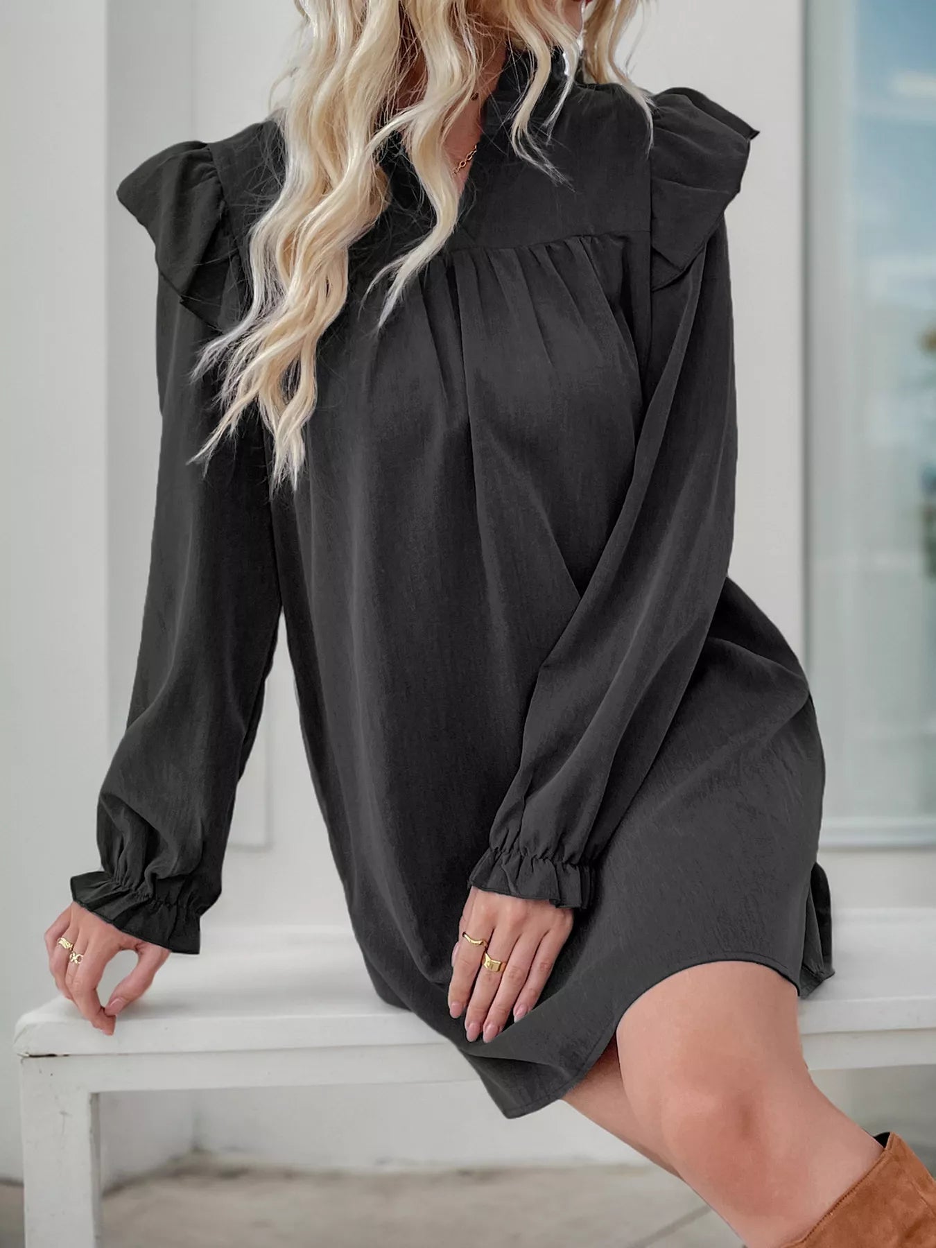 Ruffled Notched Long Sleeve Dress - MAD RUFFI