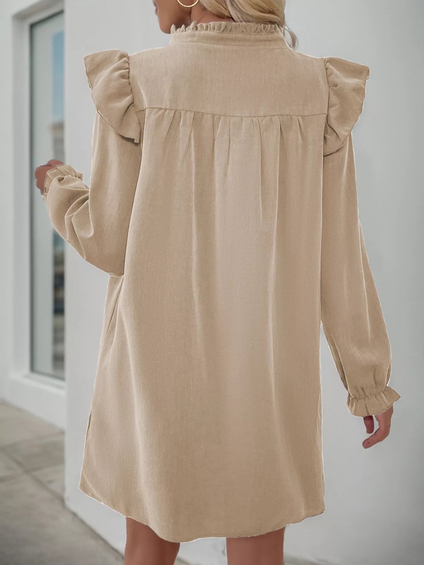 Ruffled Notched Long Sleeve Dress - MAD RUFFI