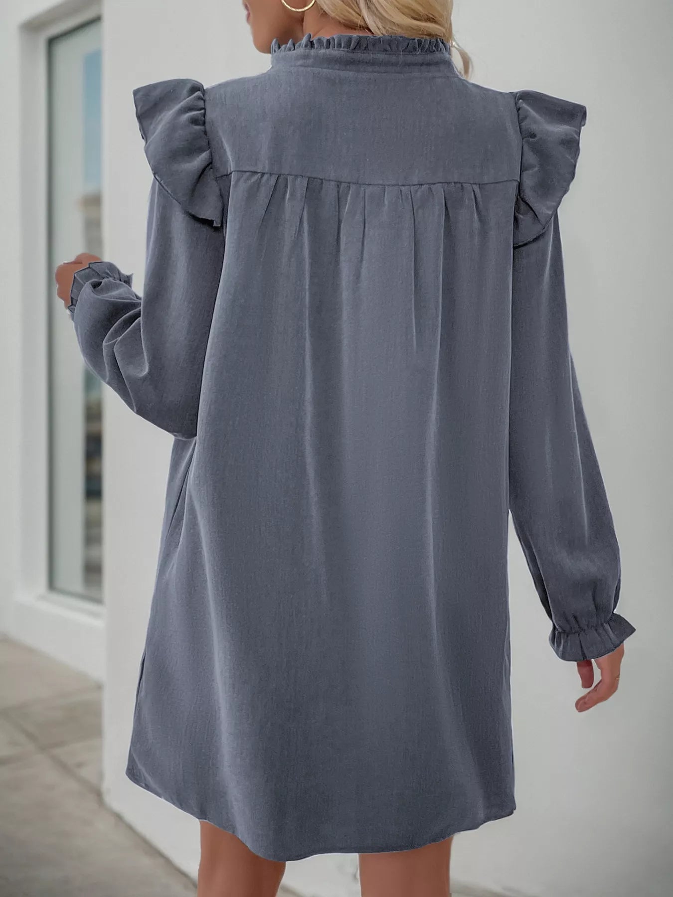 Ruffled Notched Long Sleeve Dress - MAD RUFFI