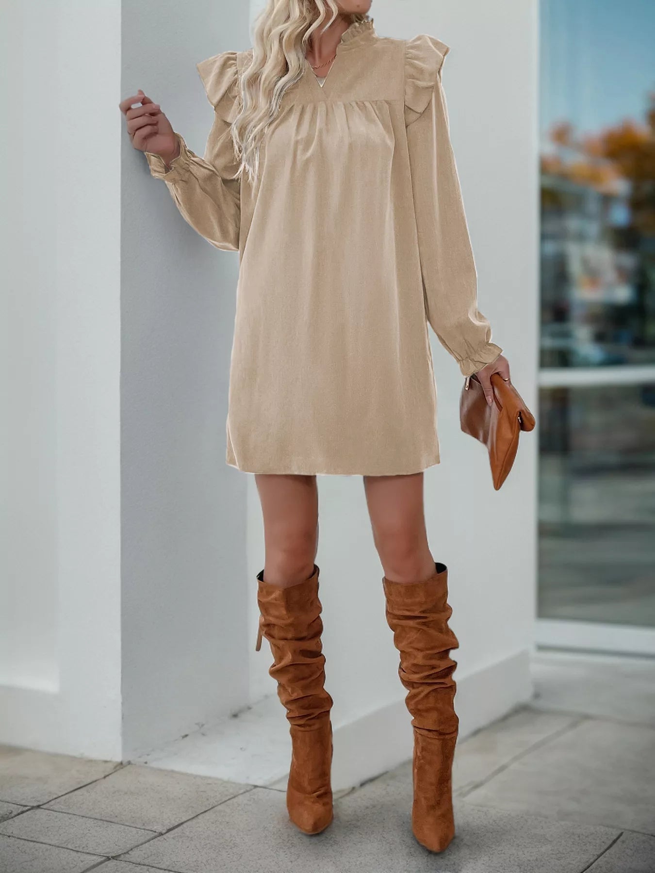 Ruffled Notched Long Sleeve Dress - MAD RUFFI