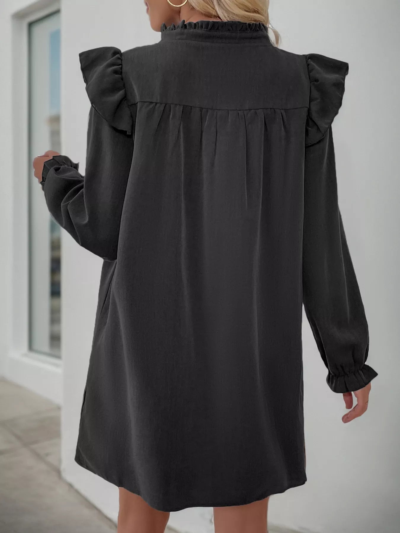 Ruffled Notched Long Sleeve Dress - MAD RUFFI