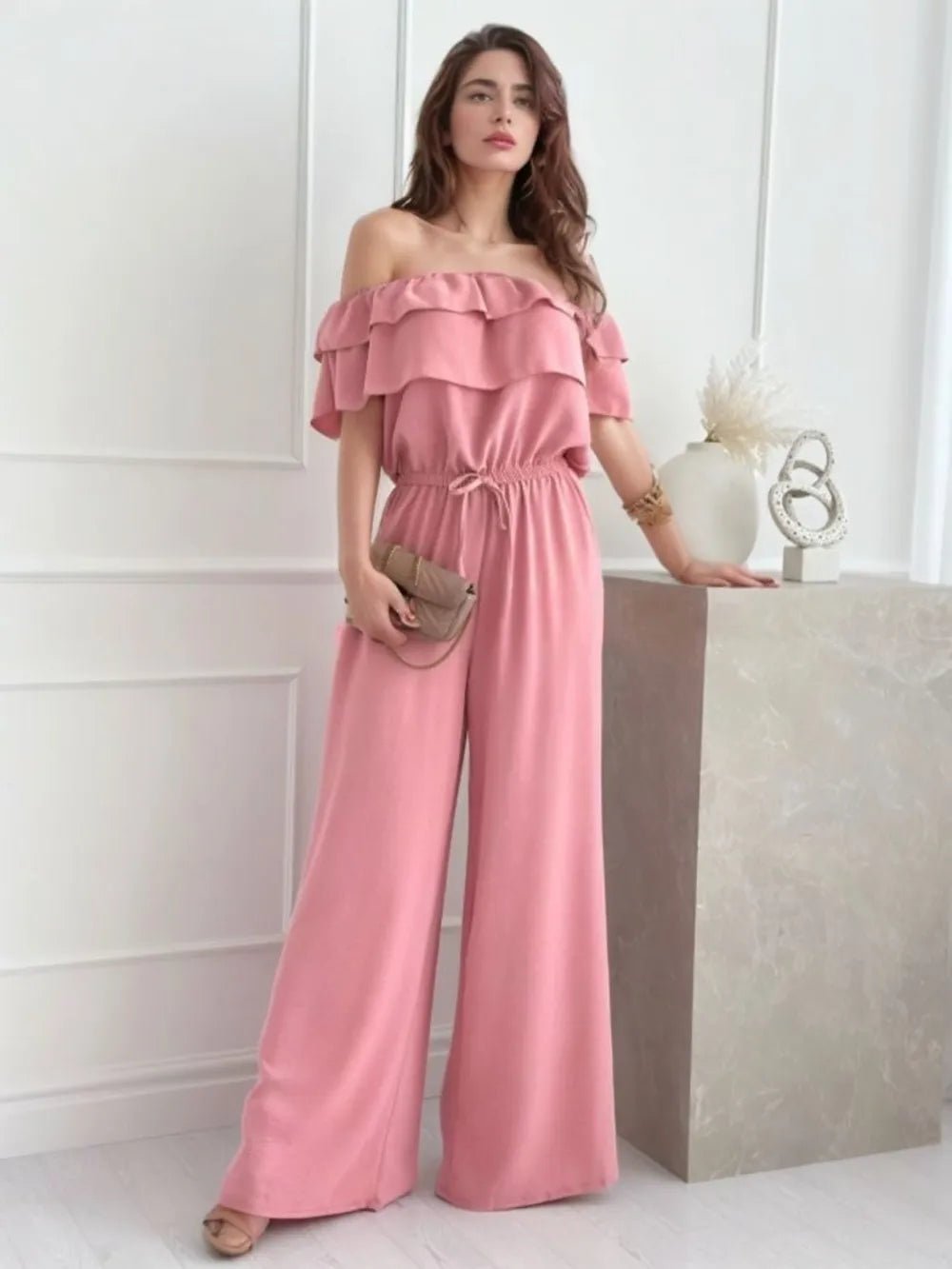 Ruffled Off Shoulder Wide Leg Jumpsuit - MAD RUFFI