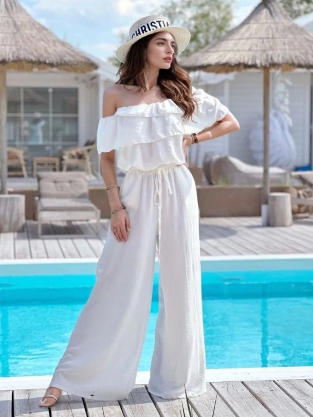 Ruffled Off Shoulder Wide Leg Jumpsuit - MAD RUFFI