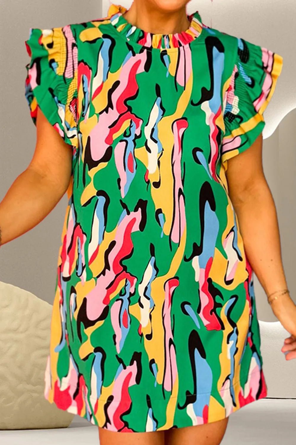 Ruffled Printed Cap Sleeve Mini Dress - MAD RUFFI