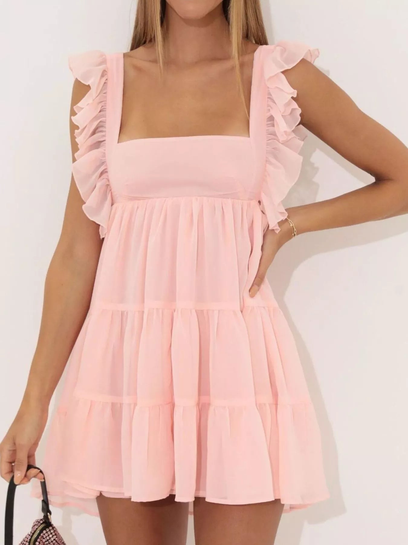 Ruffled Square Neck Tiered Dress - MAD RUFFI
