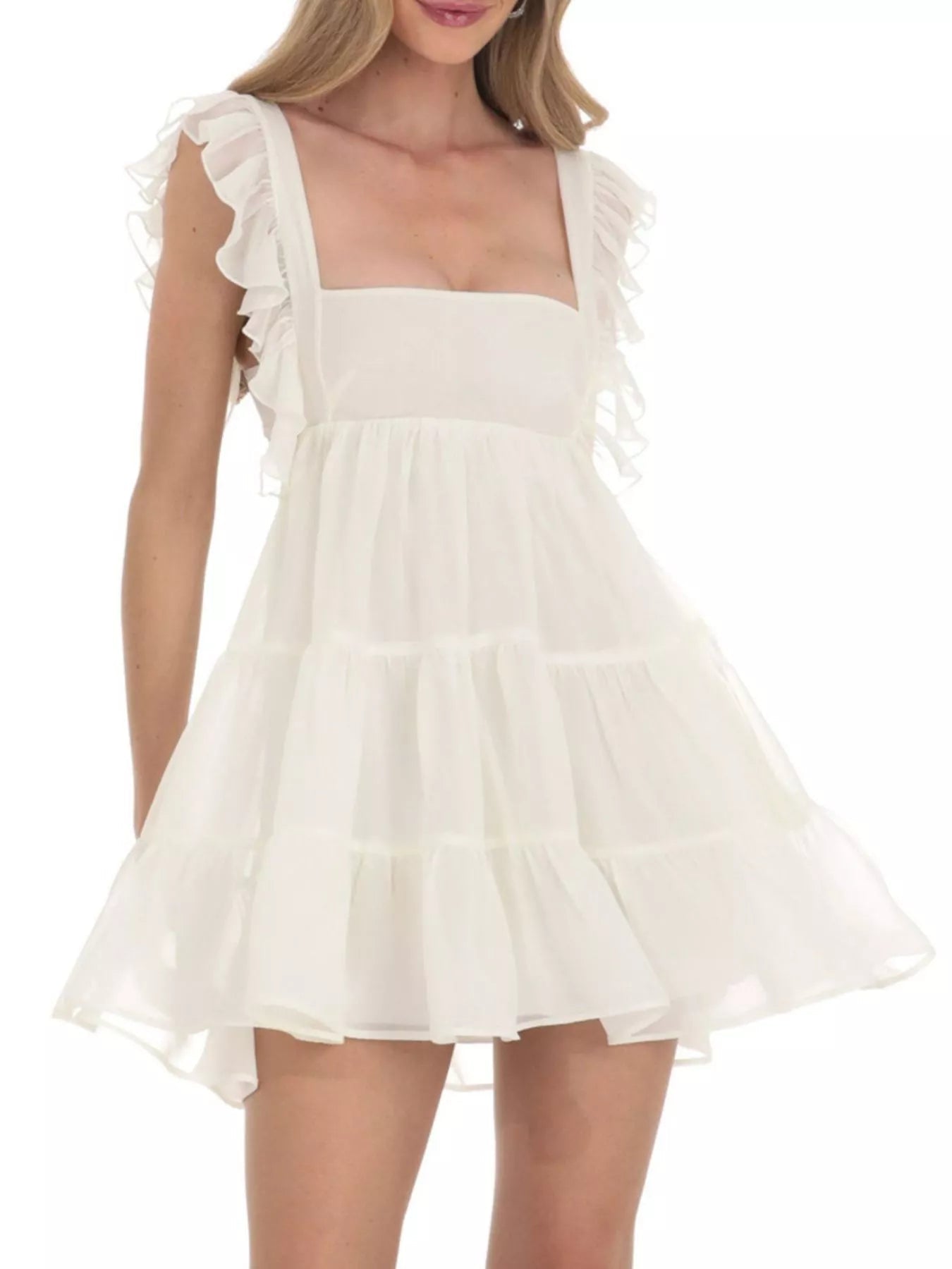 Ruffled Square Neck Tiered Dress - MAD RUFFI