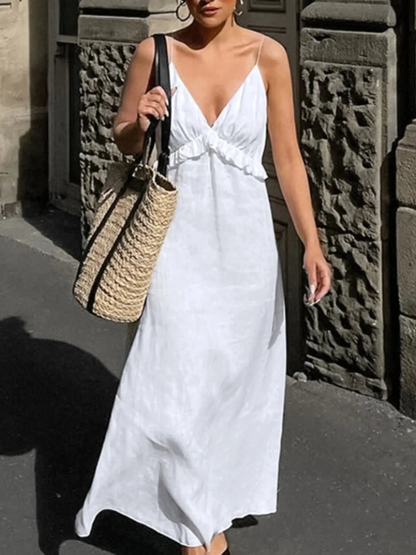 Ruffled V - Neck Maxi Dress - MAD RUFFI