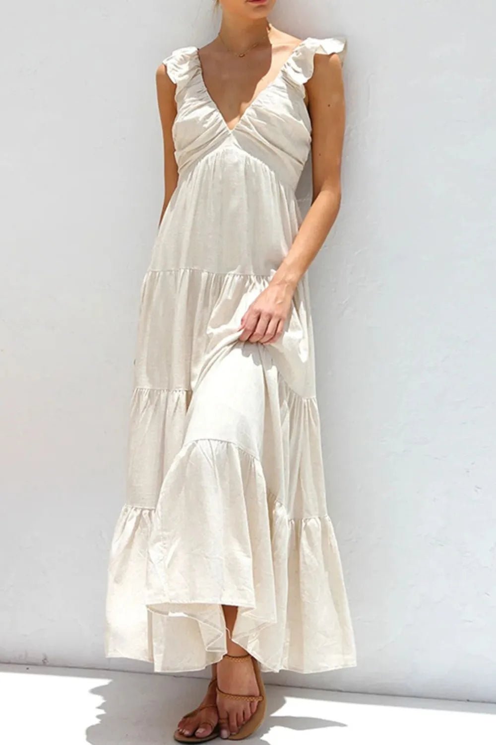 Ruffled V - Neck Tiered Dress - MAD RUFFI