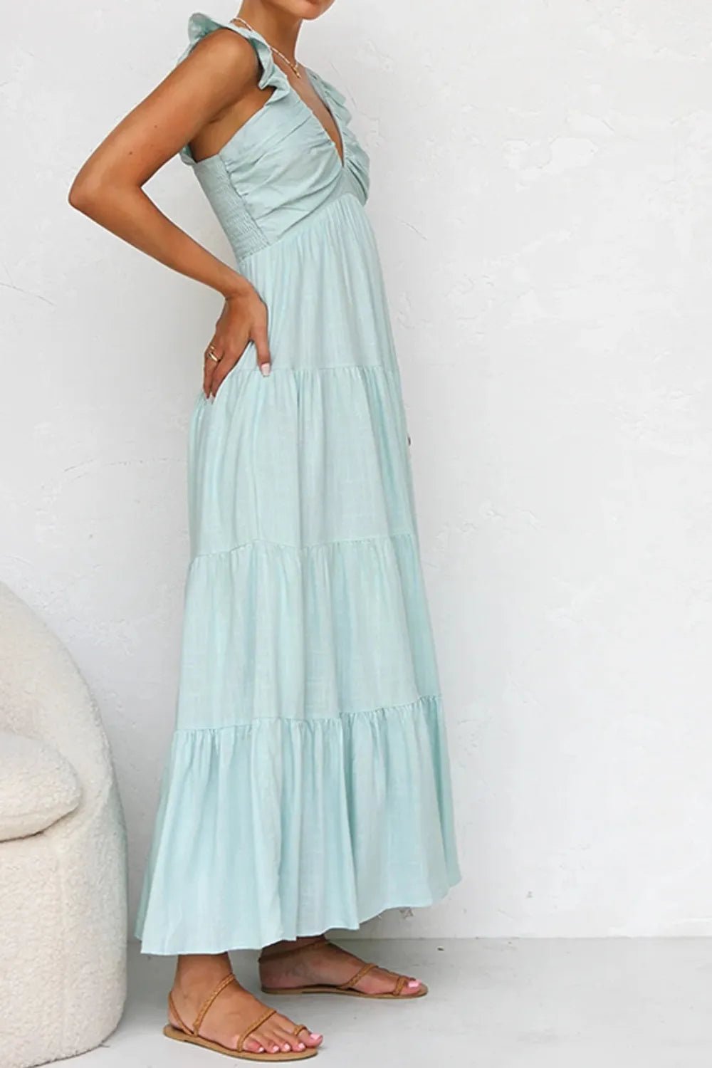 Ruffled V - Neck Tiered Dress - MAD RUFFI