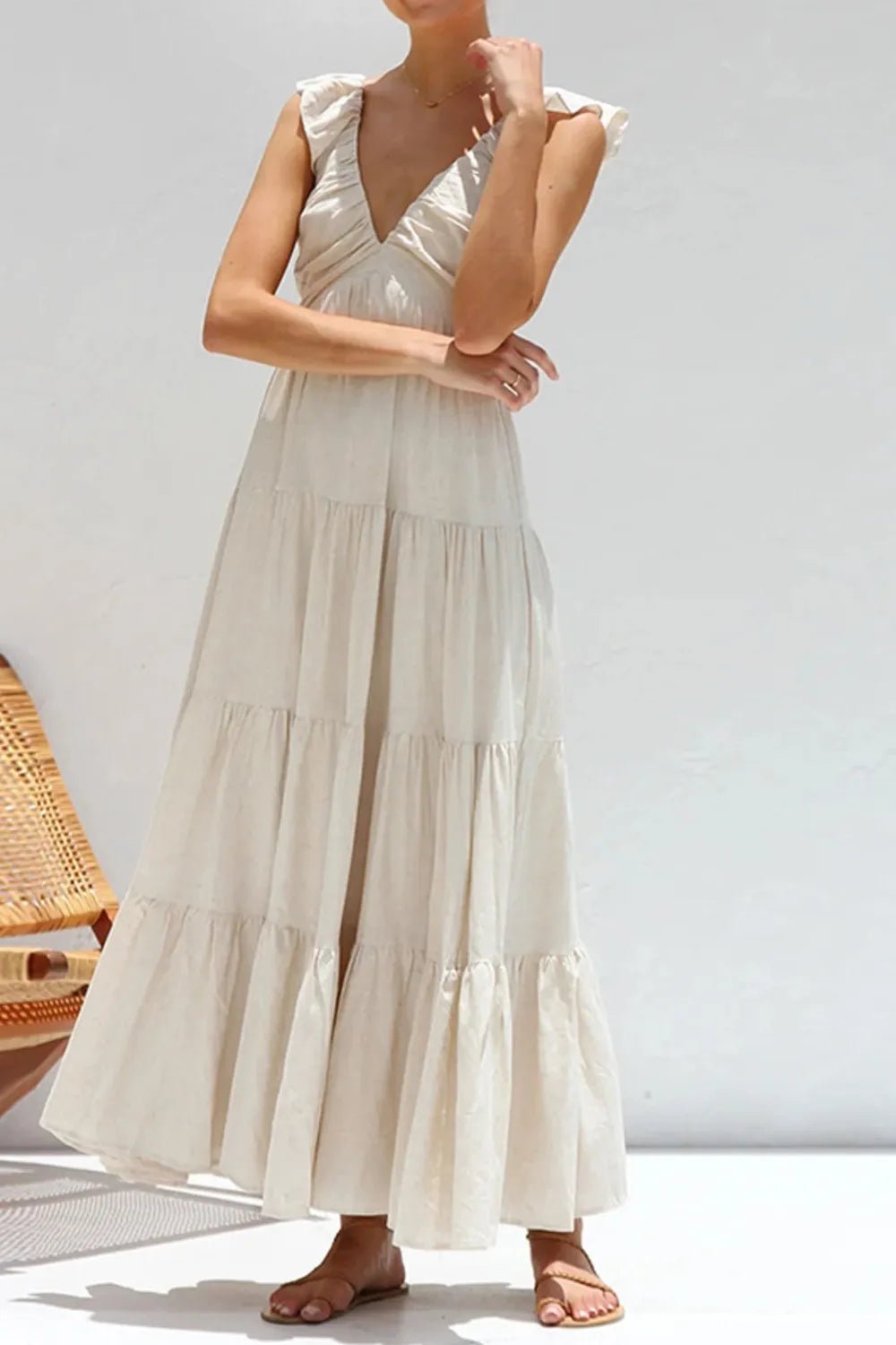 Ruffled V - Neck Tiered Dress - MAD RUFFI