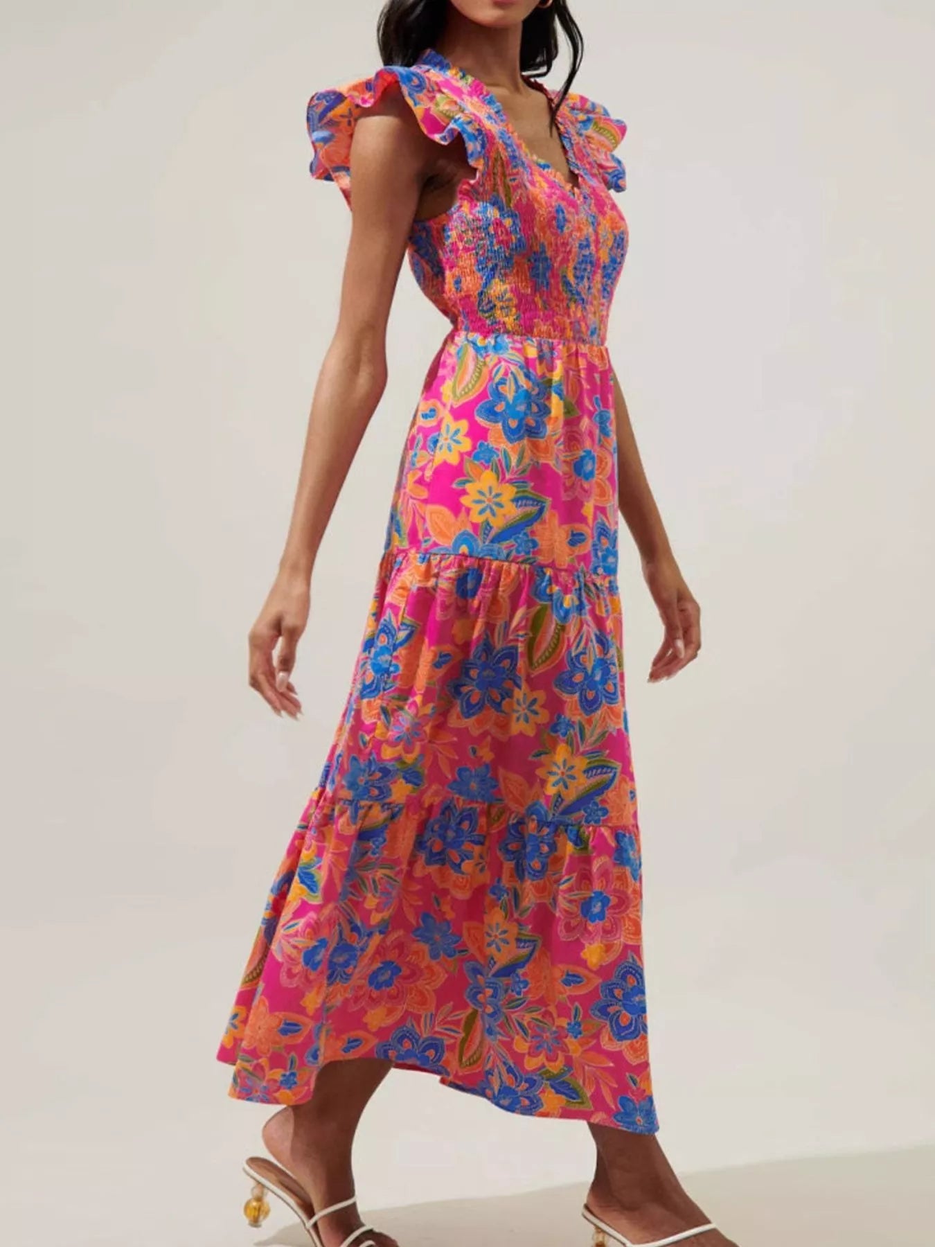 Ruffled V - Neck Tiered Midi Dress - MAD RUFFI