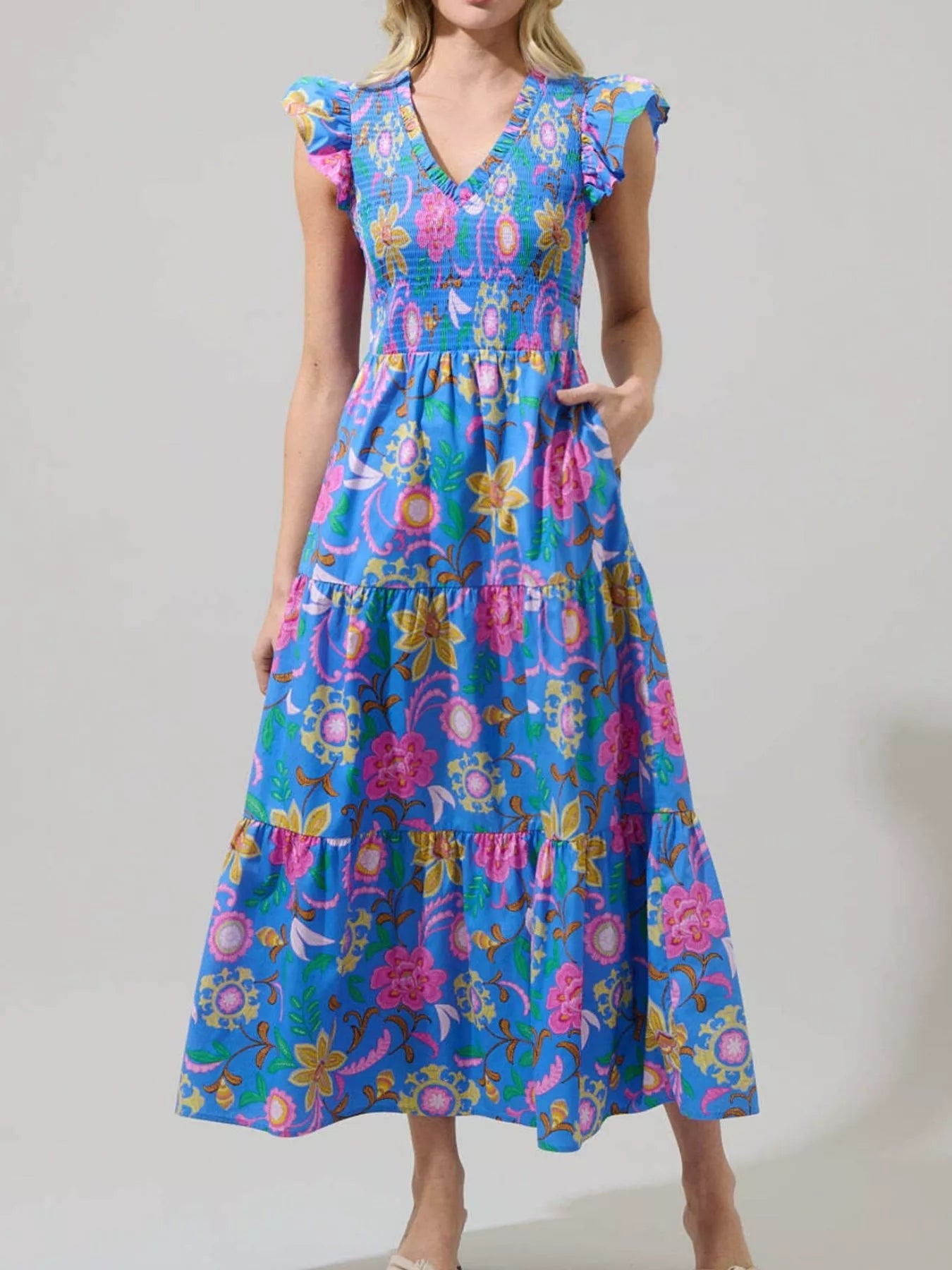 Ruffled V - Neck Tiered Midi Dress - MAD RUFFI