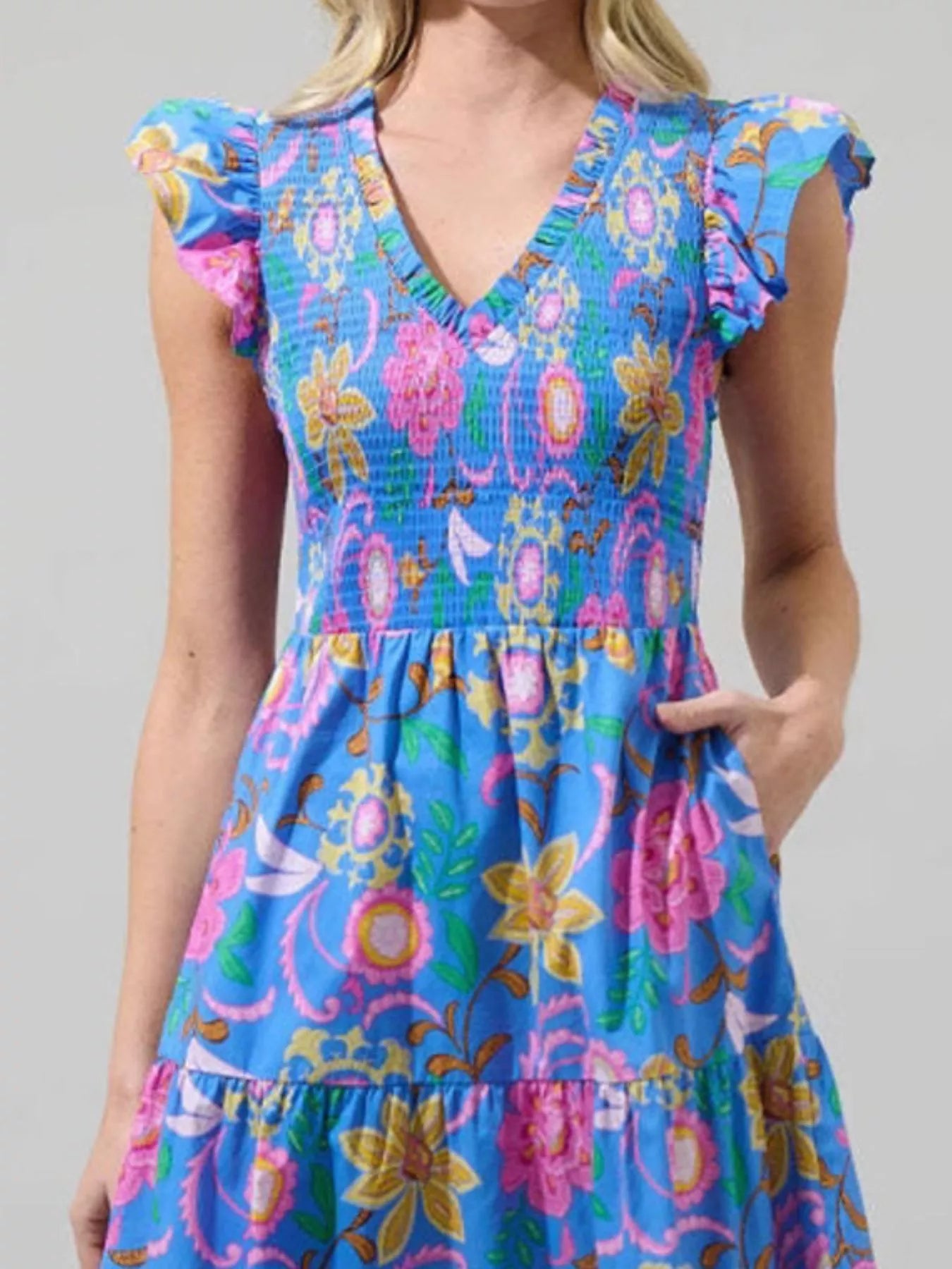 Ruffled V - Neck Tiered Midi Dress - MAD RUFFI