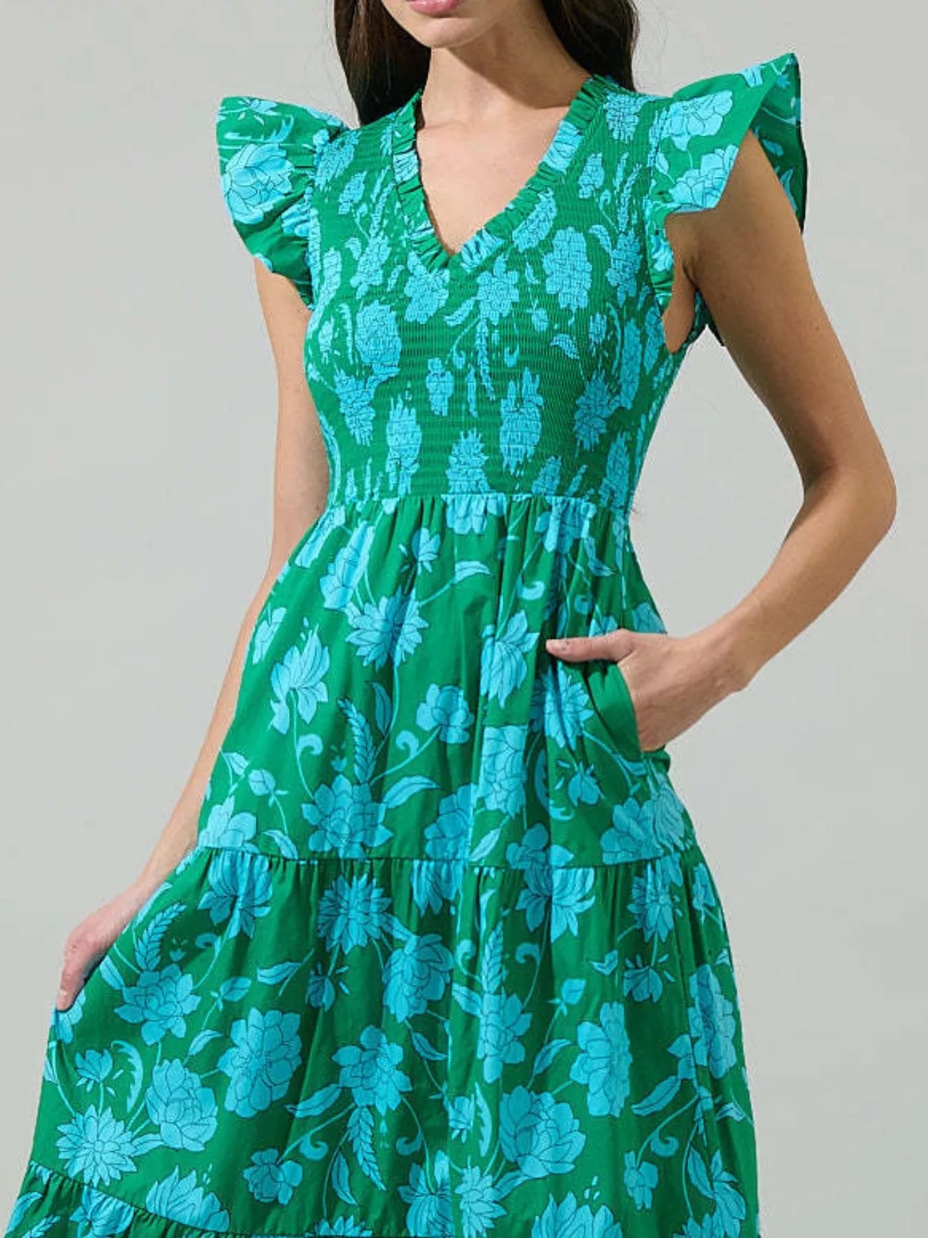 Ruffled V - Neck Tiered Midi Dress - MAD RUFFI