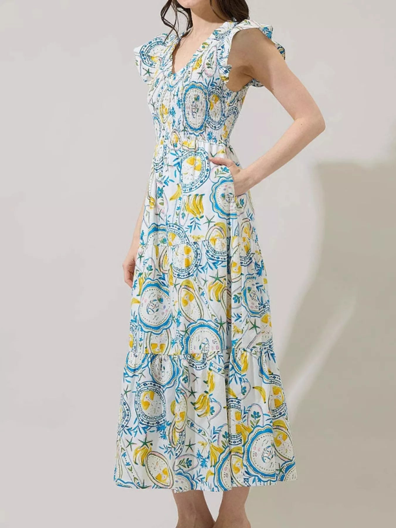 Ruffled V - Neck Tiered Midi Dress - MAD RUFFI