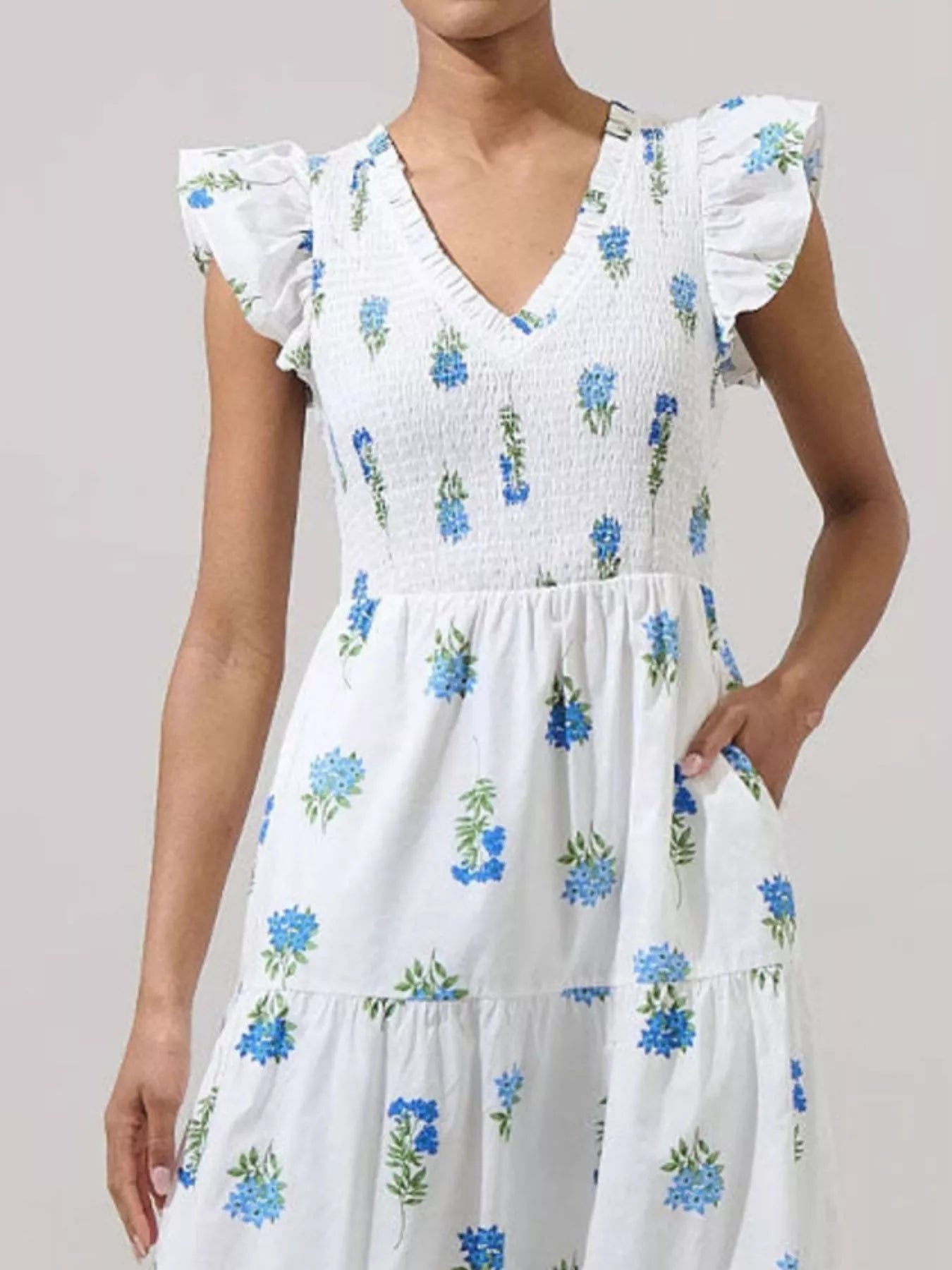 Ruffled V - Neck Tiered Midi Dress - MAD RUFFI