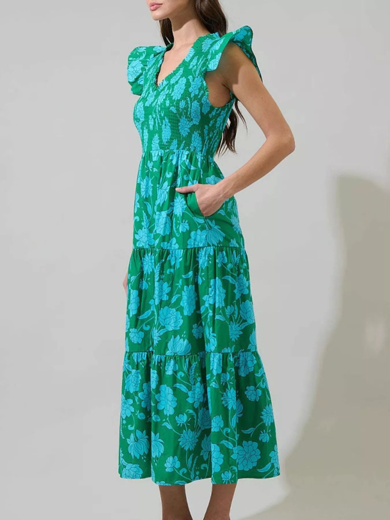 Ruffled V - Neck Tiered Midi Dress - MAD RUFFI