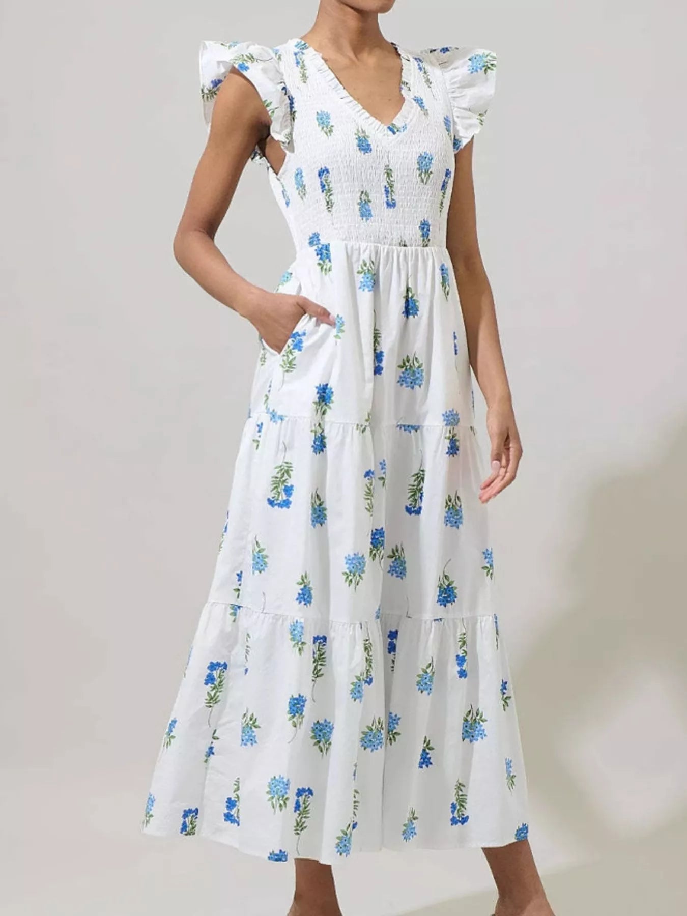 Ruffled V - Neck Tiered Midi Dress - MAD RUFFI