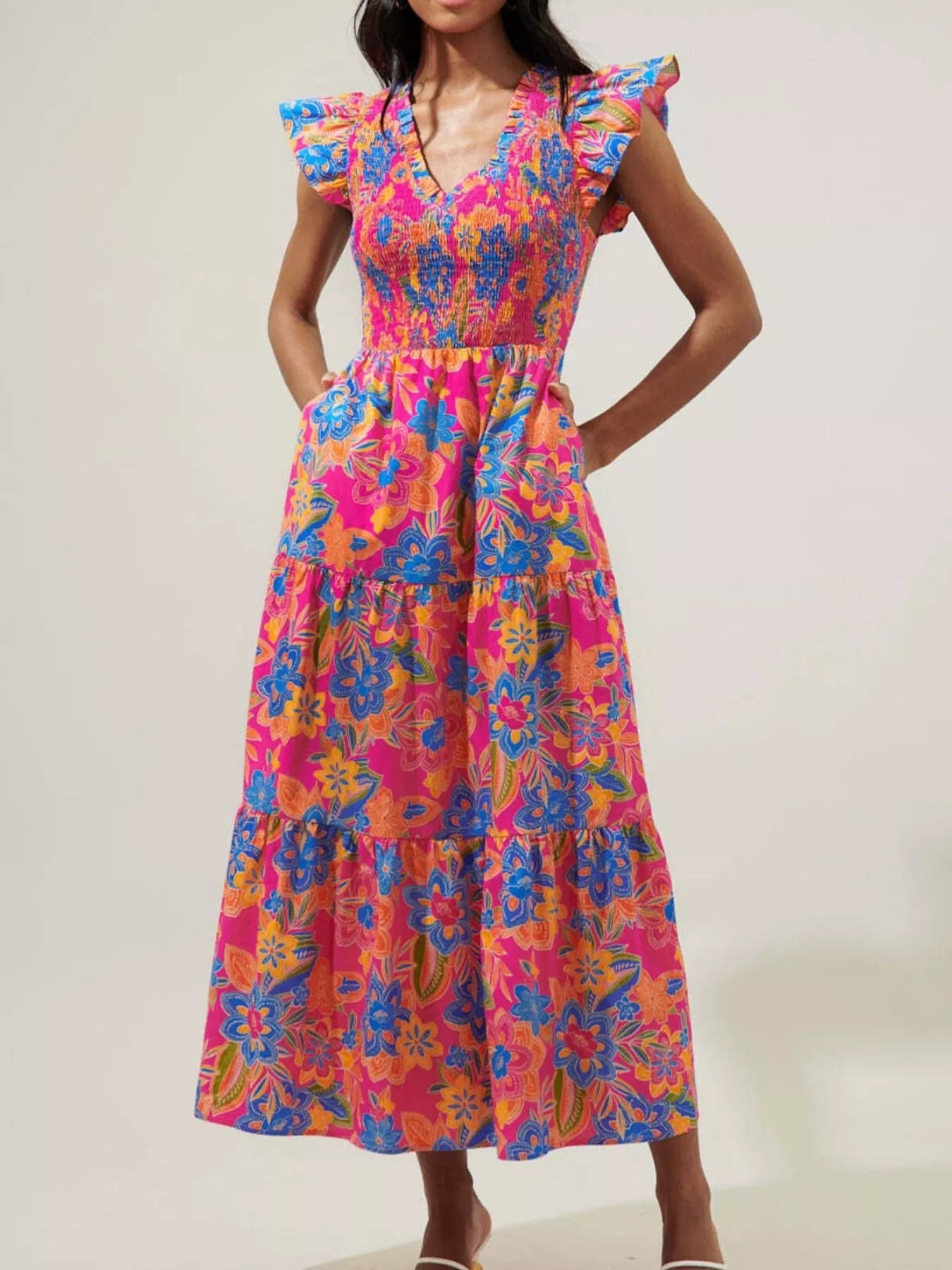 Ruffled V - Neck Tiered Midi Dress - MAD RUFFI