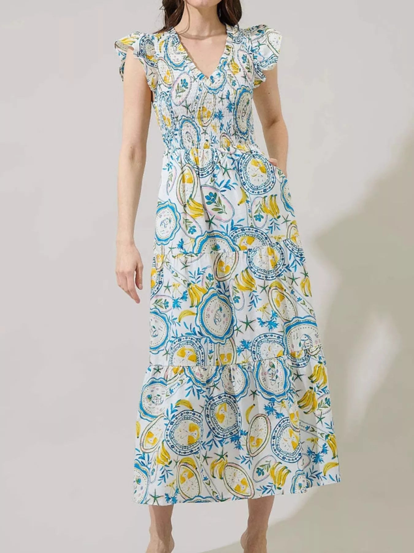 Ruffled V - Neck Tiered Midi Dress - MAD RUFFI