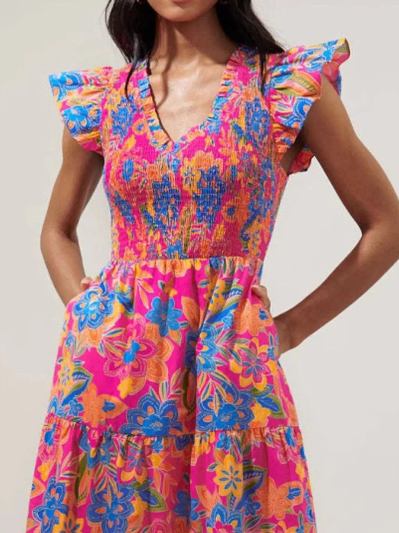 Ruffled V - Neck Tiered Midi Dress - MAD RUFFI