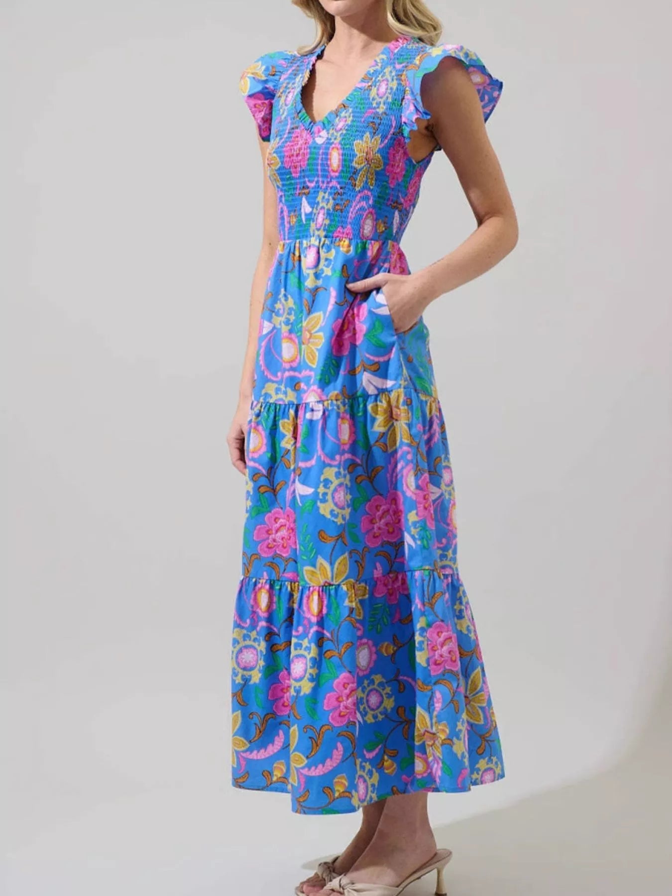 Ruffled V - Neck Tiered Midi Dress - MAD RUFFI