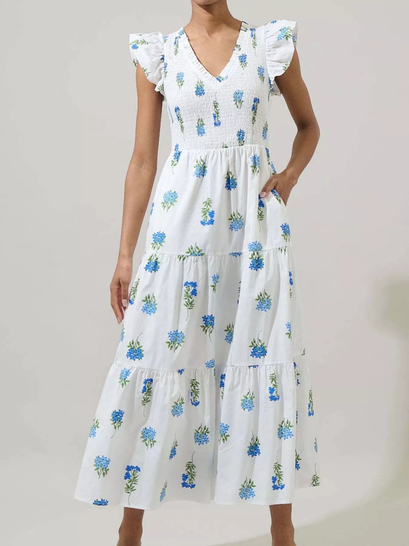 Ruffled V - Neck Tiered Midi Dress - MAD RUFFI