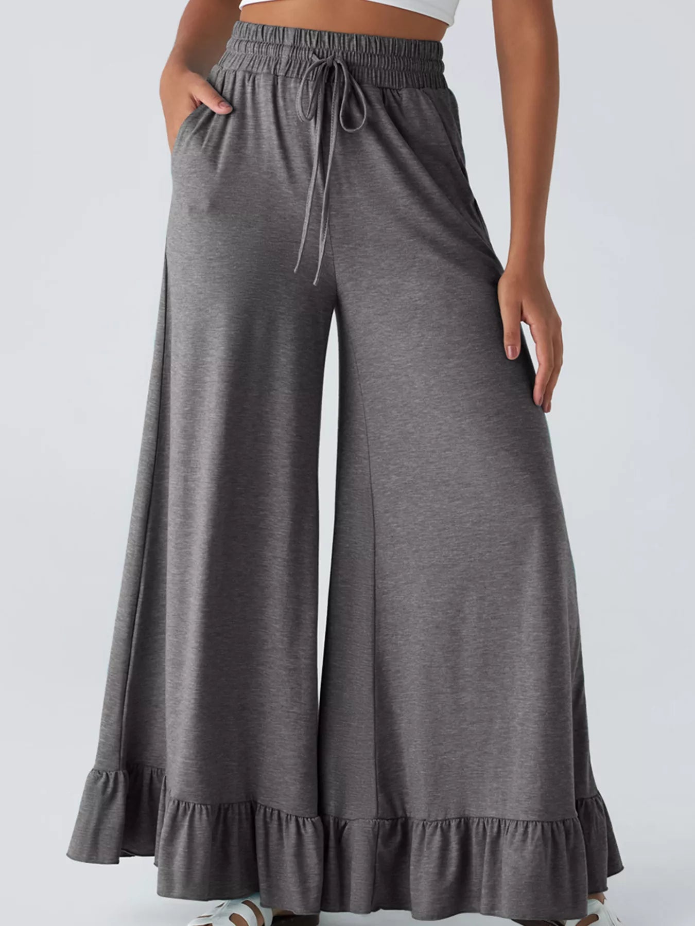 Ruffled Wide Leg Pull On High Waist Pants with Pockets - MAD RUFFI