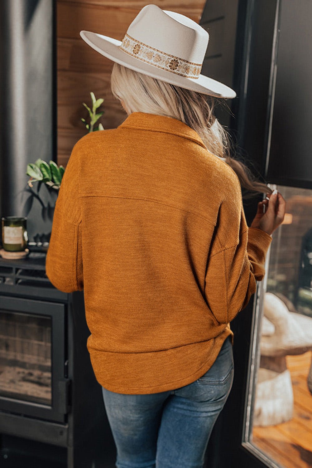 Russet Orange Flap Pocket Textured Knit Solid Color Casual Shacket - MAD RUFFI