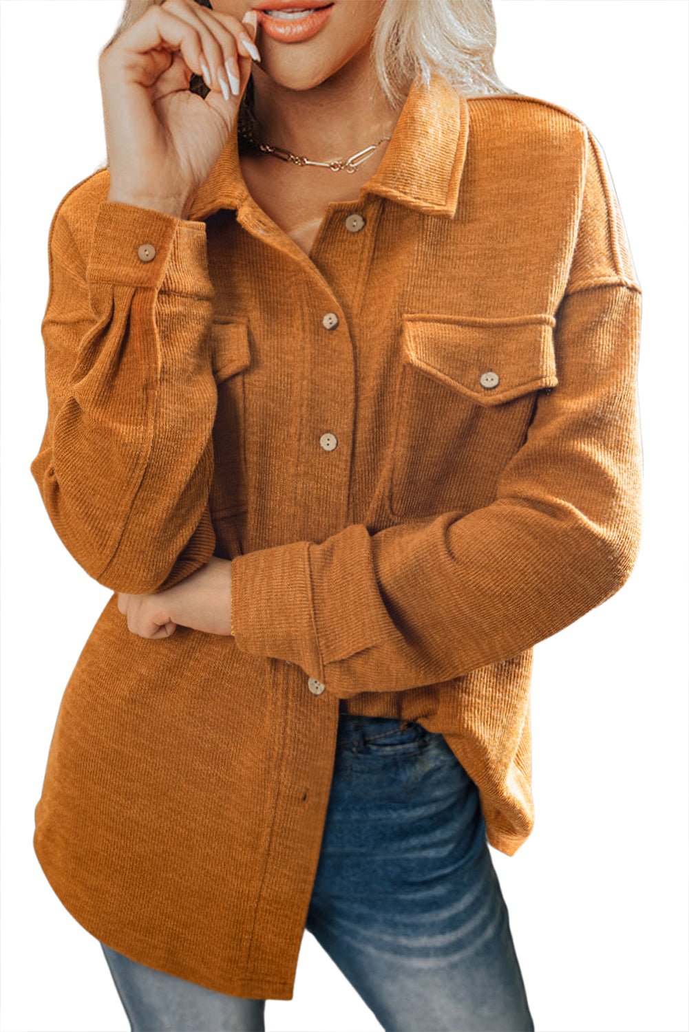 Russet Orange Flap Pocket Textured Knit Solid Color Casual Shacket - MAD RUFFI