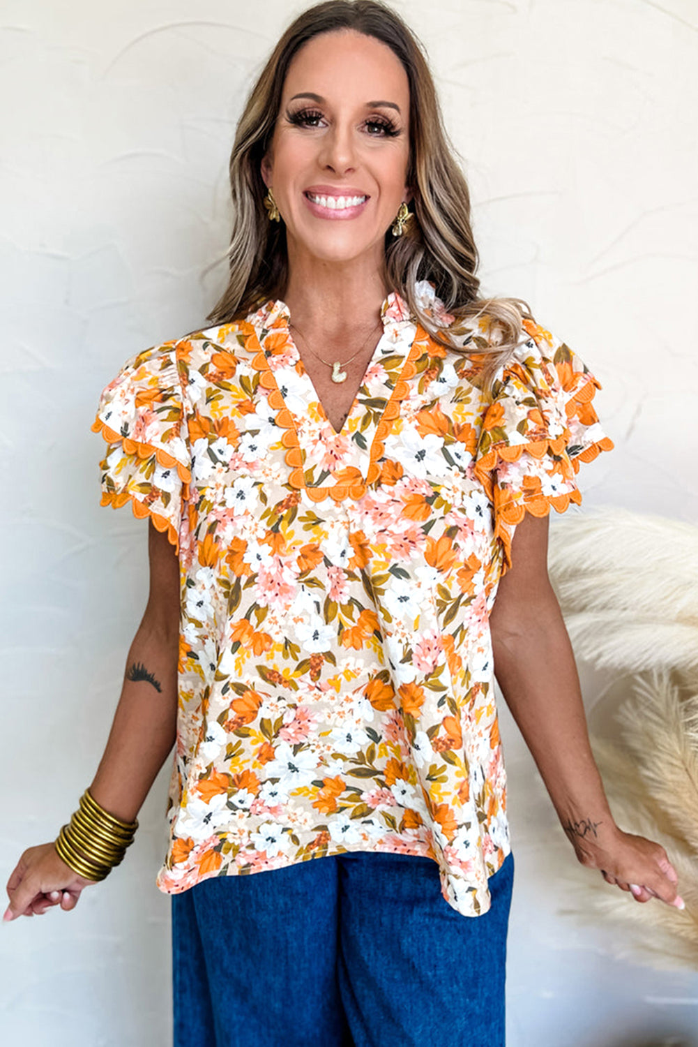 Russet Orange Floral Frill V-Neck Scallop Trim Boho Blouse - Blouses