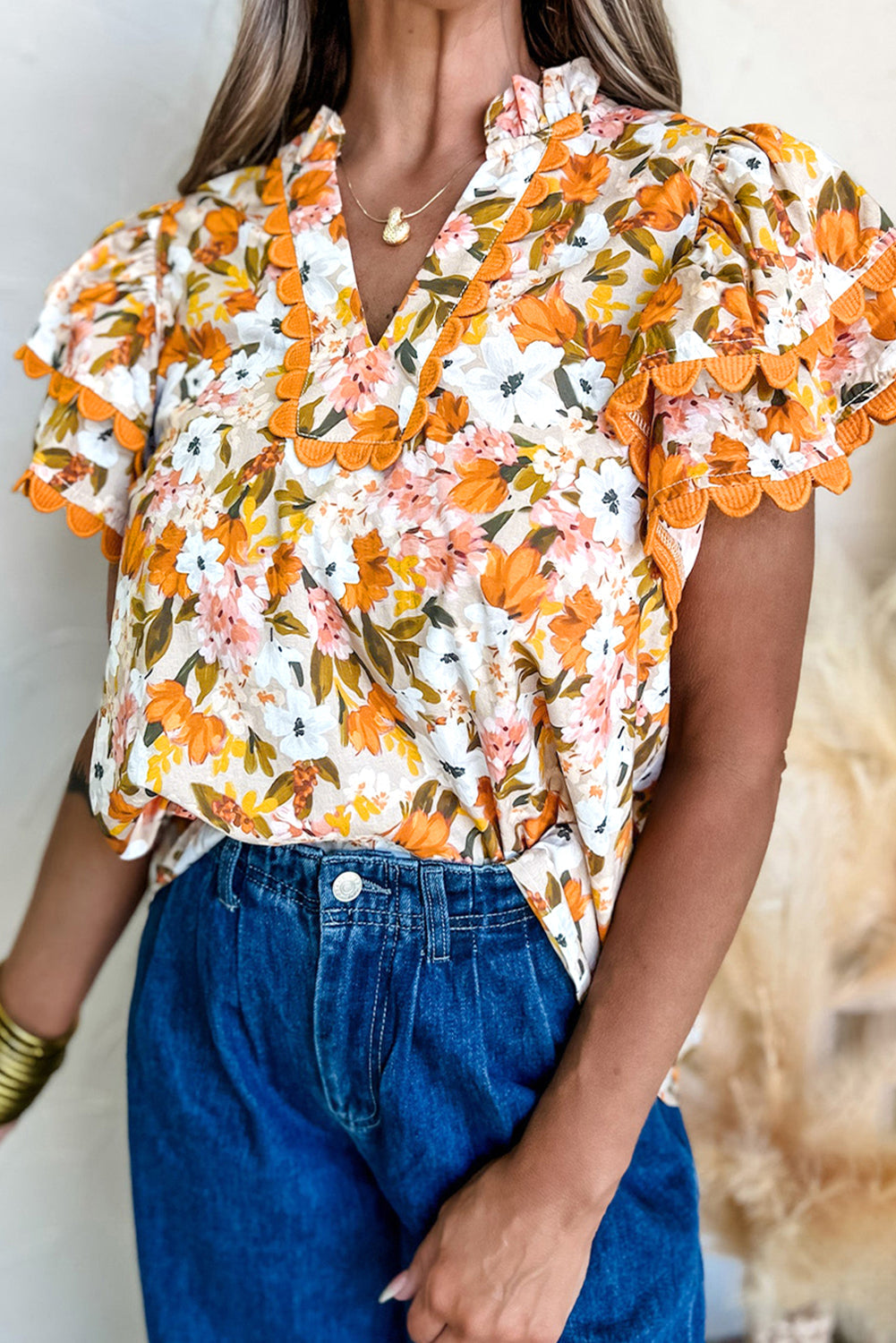 Russet Orange Floral Frill V-Neck Scallop Trim Boho Blouse - Russet Orange / S - Blouses