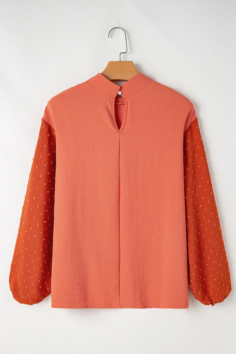 Russet Orange Swiss Dot Balloon Sleeve Patchwork Crinkle Blouse - MAD RUFFI