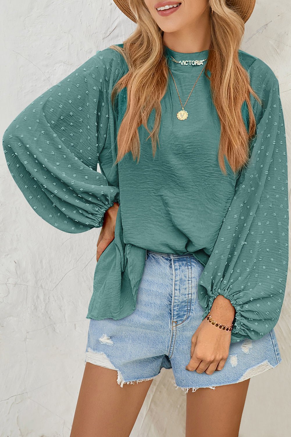 Russet Orange Swiss Dot Balloon Sleeve Patchwork Crinkle Blouse - MAD RUFFI