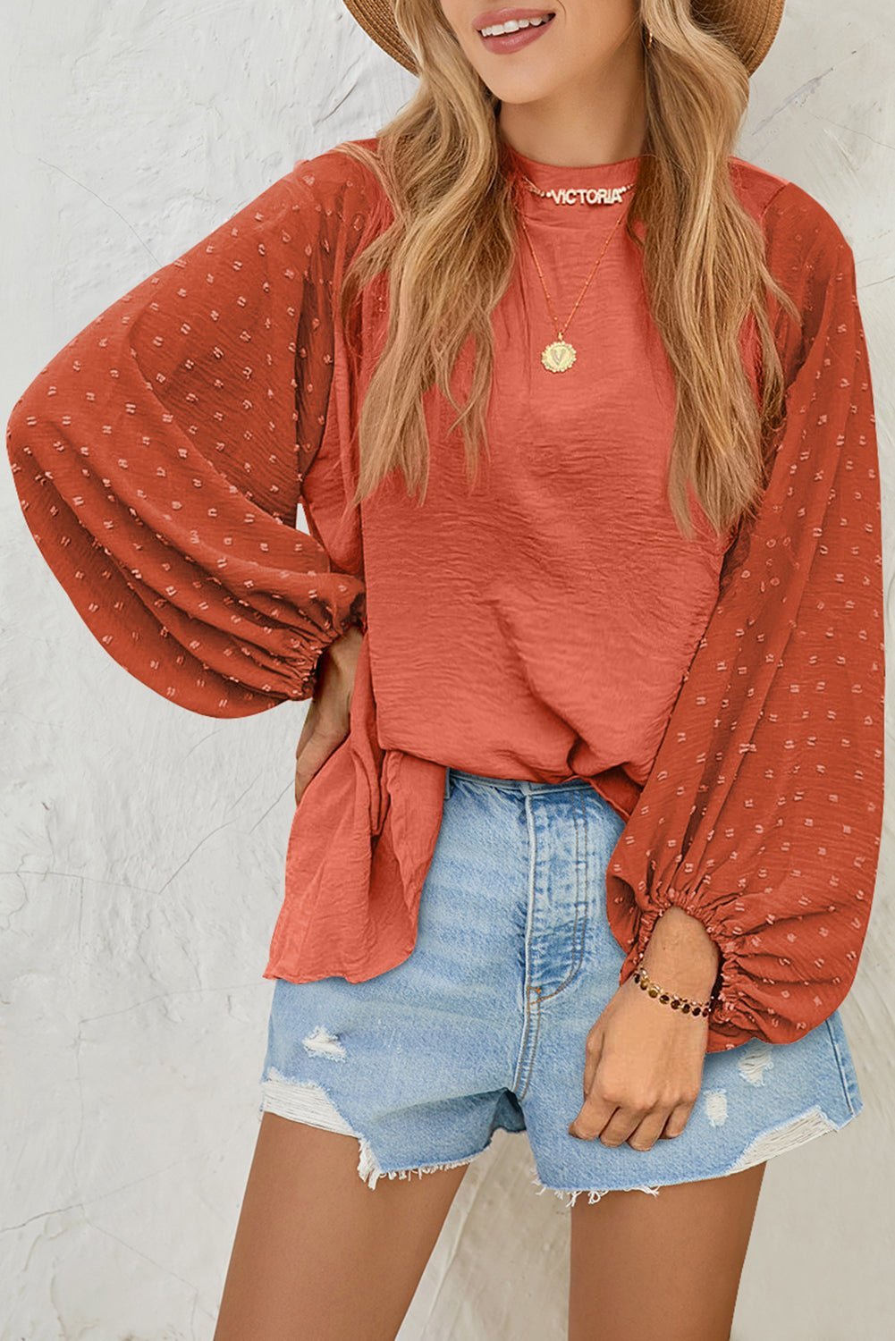 Russet Orange Swiss Dot Balloon Sleeve Patchwork Crinkle Blouse - MAD RUFFI