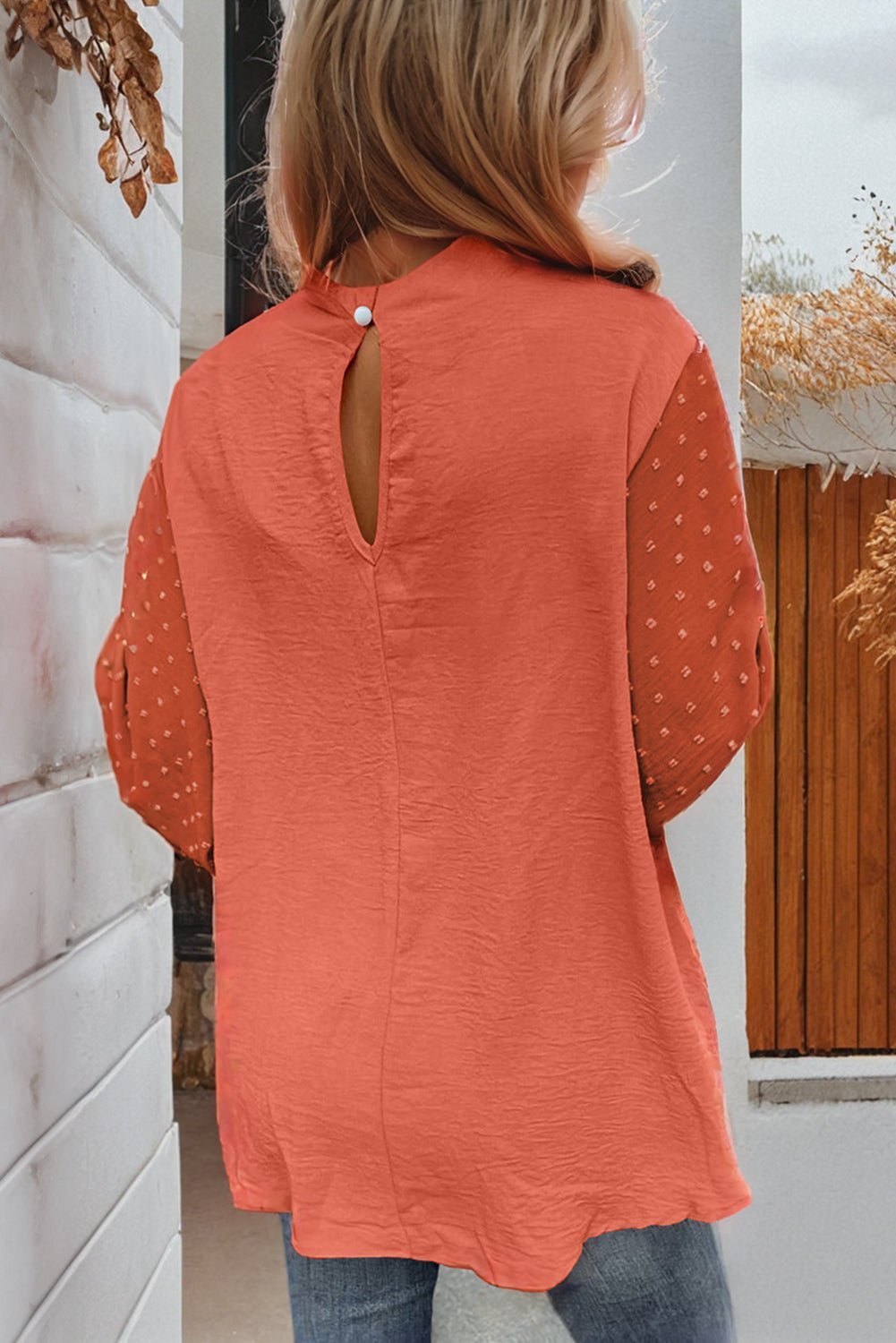 Russet Orange Swiss Dot Balloon Sleeve Patchwork Crinkle Blouse - MAD RUFFI