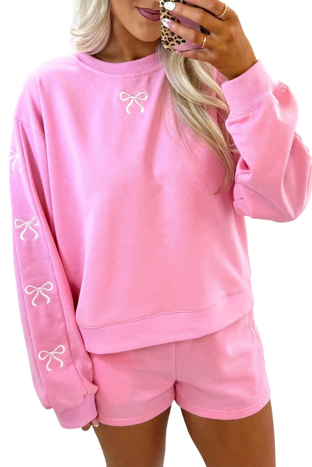 Sachet Pink Bow Embroidery Long Sleeve Pullover and High Waist Shorts Set - MAD RUFFI