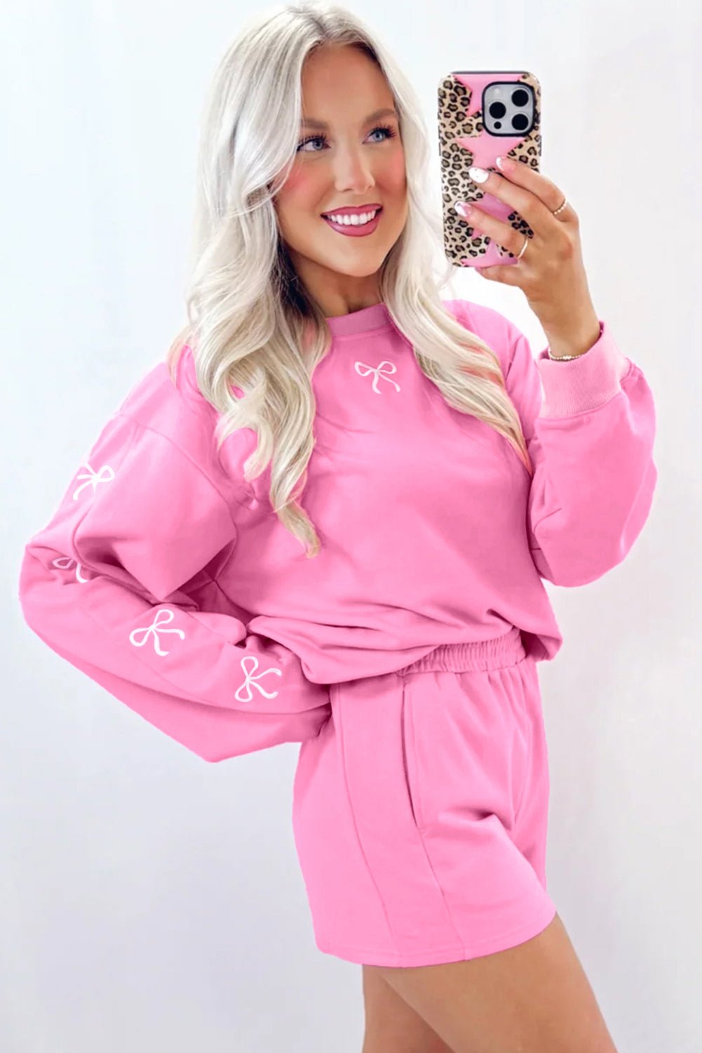 Sachet Pink Bow Embroidery Long Sleeve Pullover and High Waist Shorts Set - MAD RUFFI